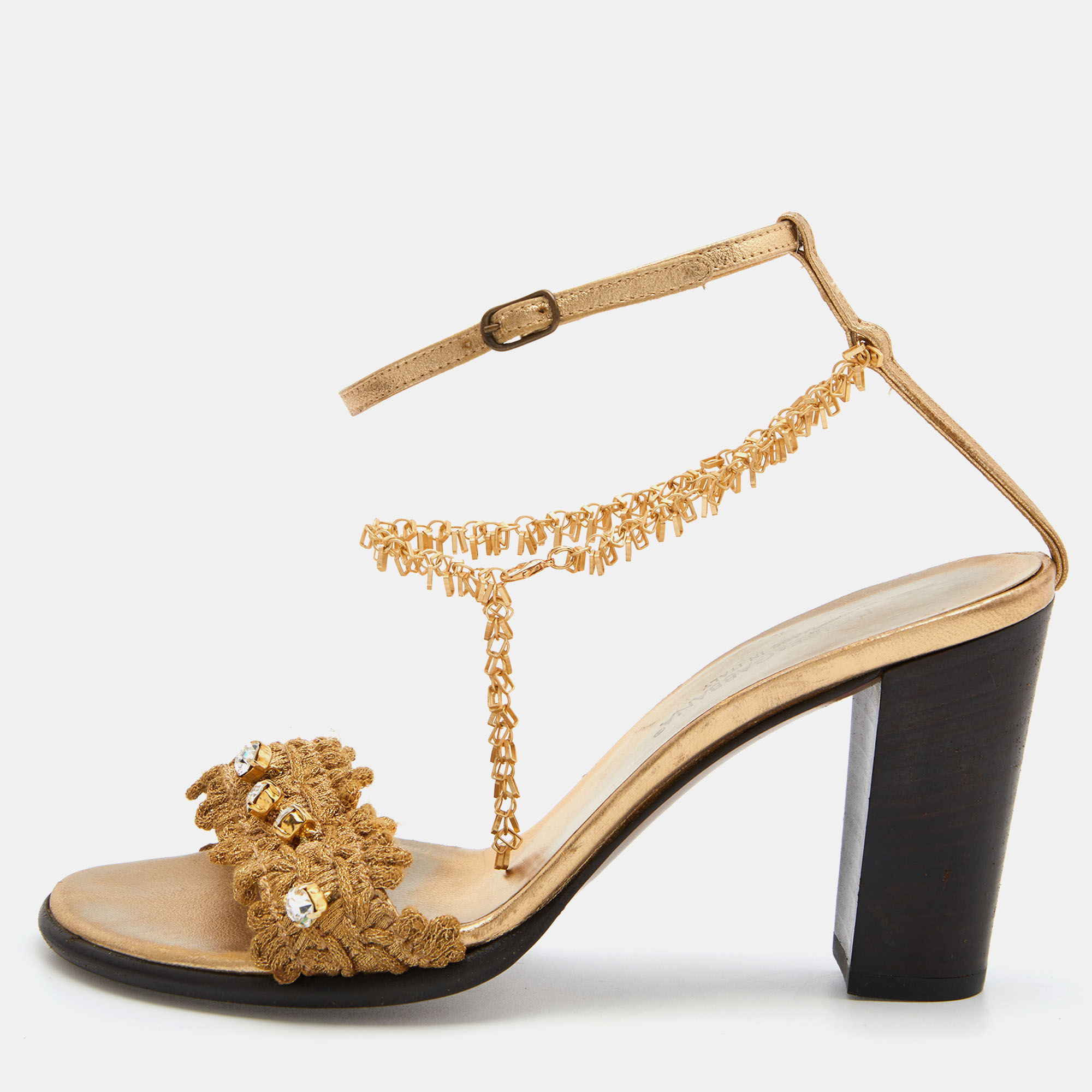 Dolce & Gabbana Gold Lurex Fabric And Leather Embellished Chain Detail Block Heel Sandal Size 35.5