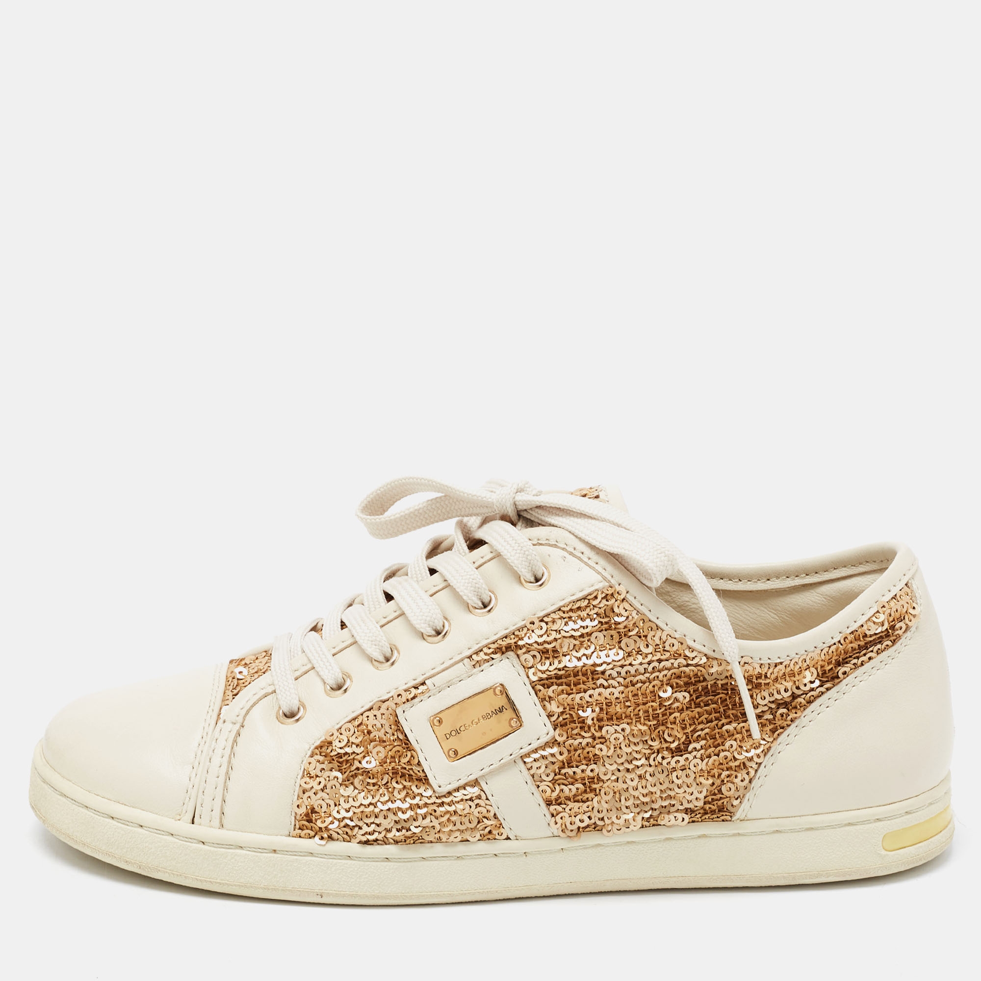 Dolce & Gabbana Cream Leather And Sequin Embellished Low Top Sneakers Size 36