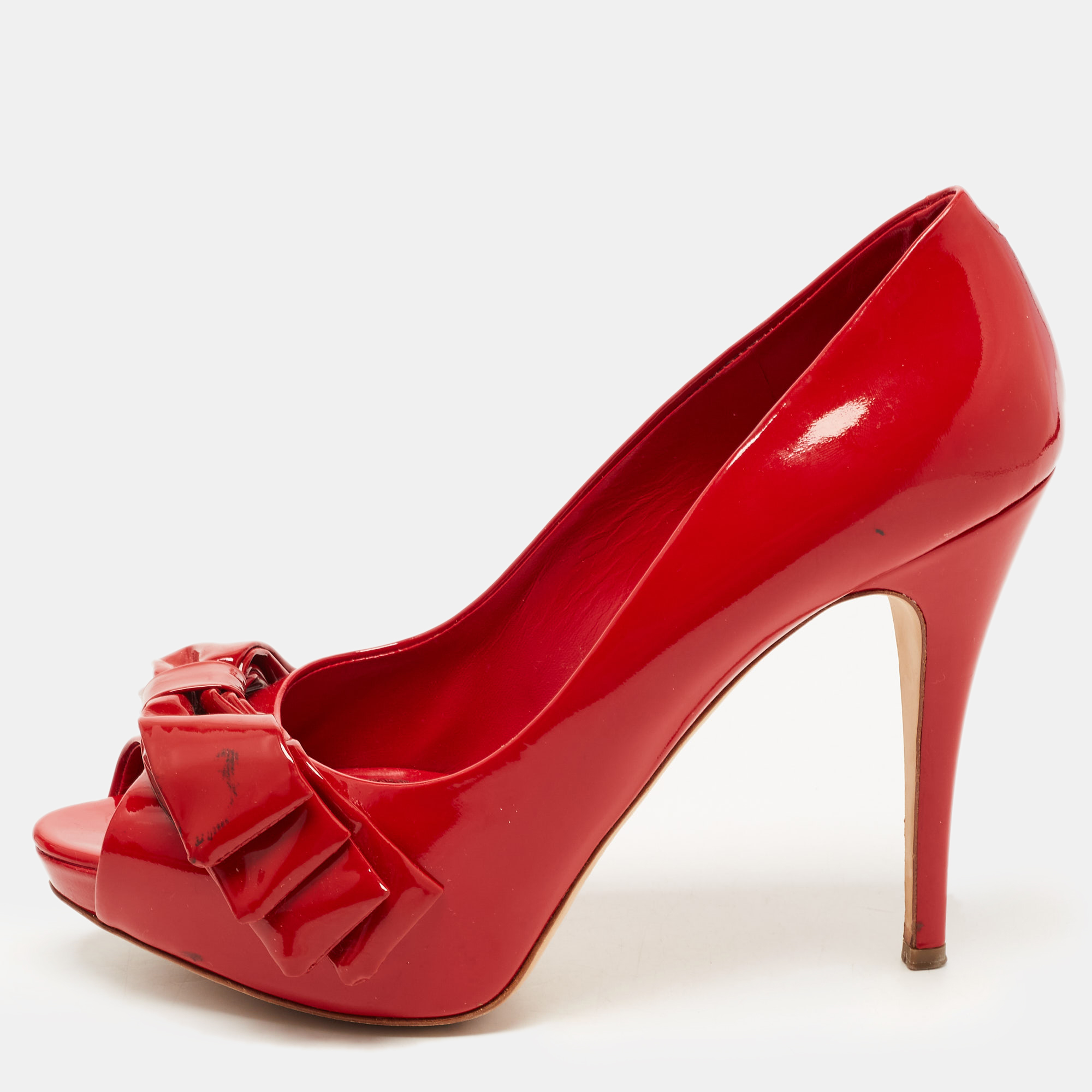 Dolce & Gabbana Red Patent Leather Bow Peep Toe Pumps Size 38.5