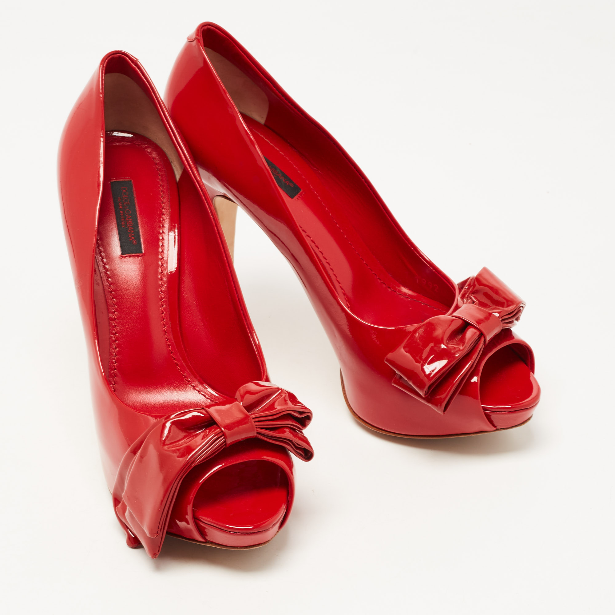 Dolce & Gabbana Red Patent Leather Bow Peep Toe Pumps Size 38.5
