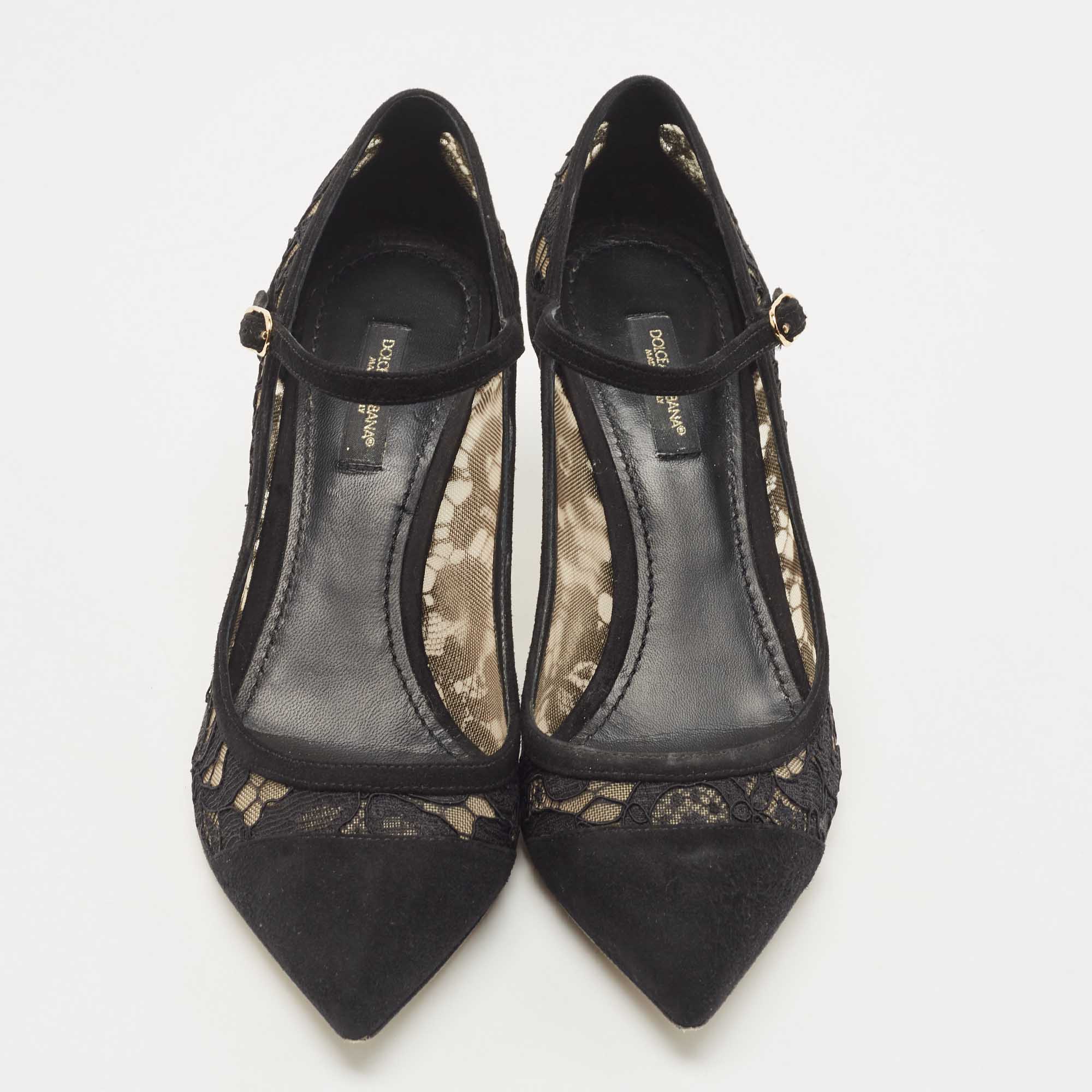 Dolce & Gabbana Black Lace And Suede Mary Jane Pumps Size 37.5