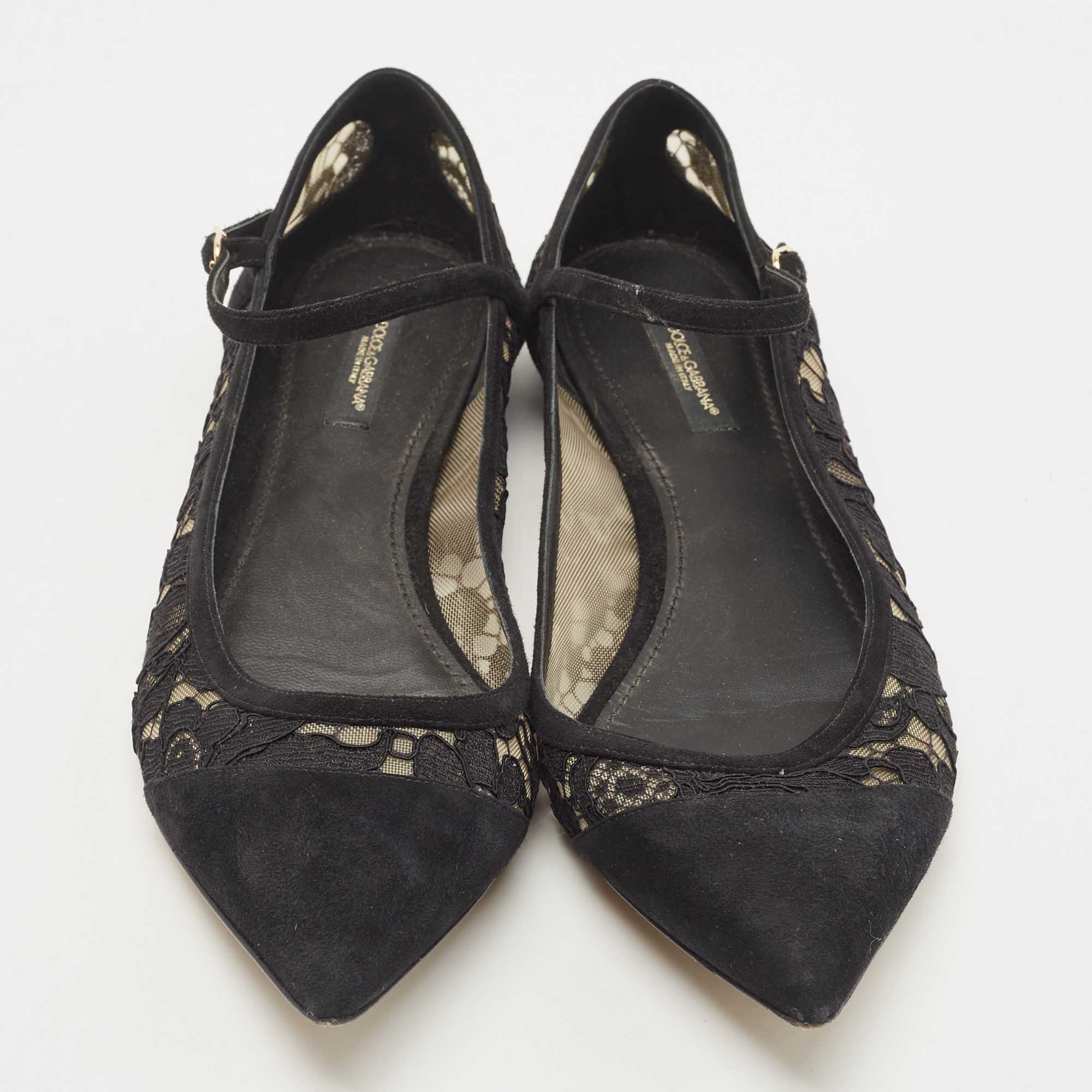 Dolce & Gabbana Black Suede And Lace Mary Jane Ballet Flats Size 40