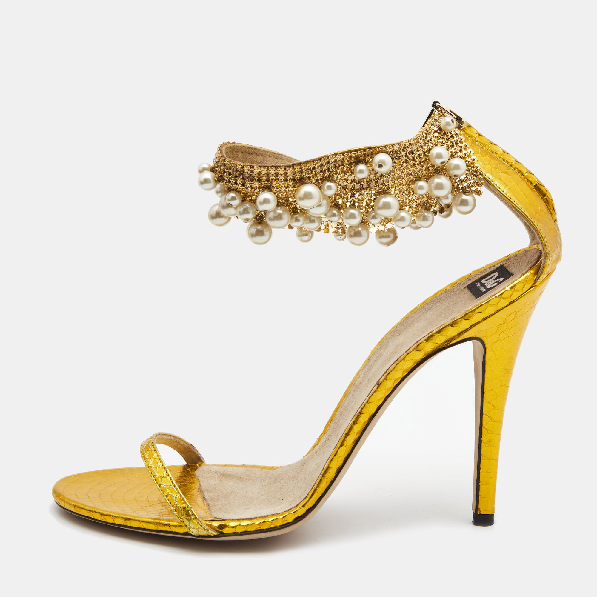 Dolce & Gabbana Metallic Yellow Python Embossed Leather Embellished Ankle Strap Sandals Size 40