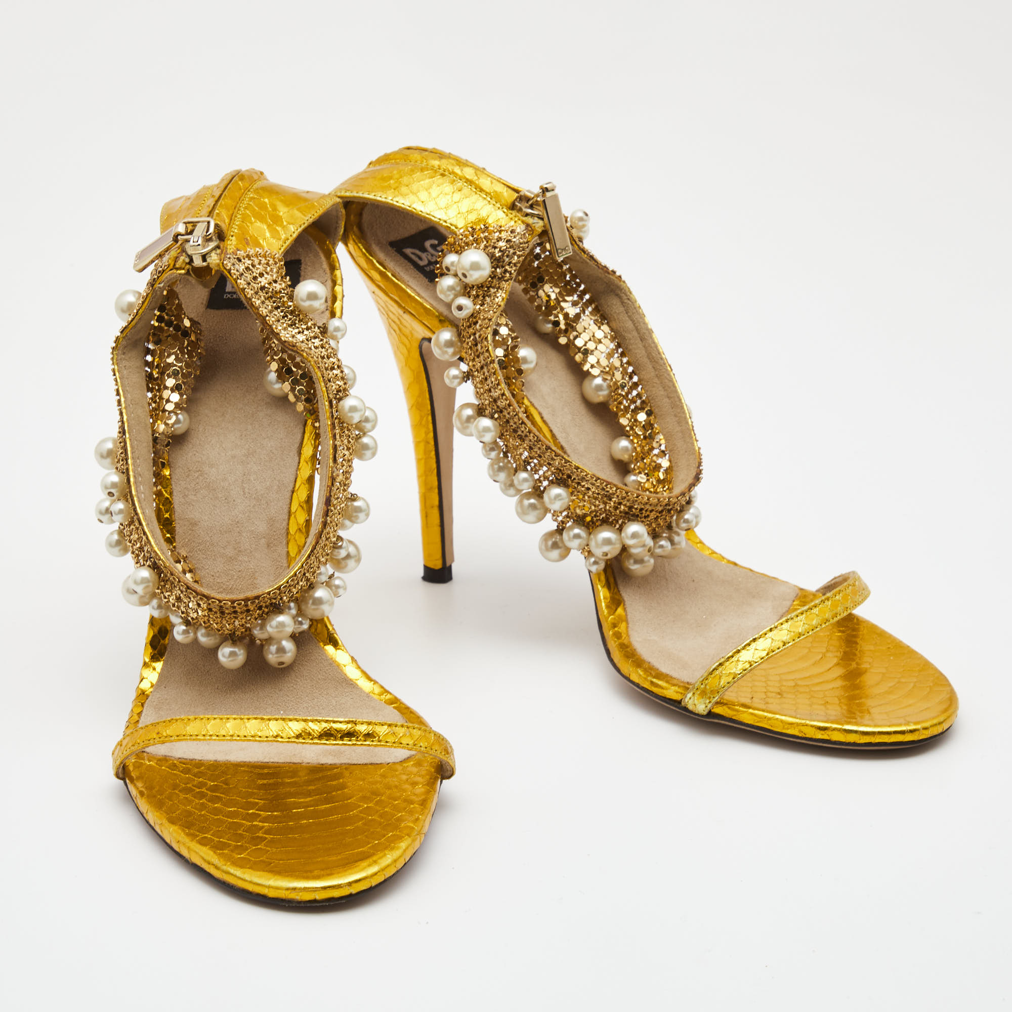 Dolce & Gabbana Metallic Yellow Python Embossed Leather Embellished Ankle Strap Sandals Size 40