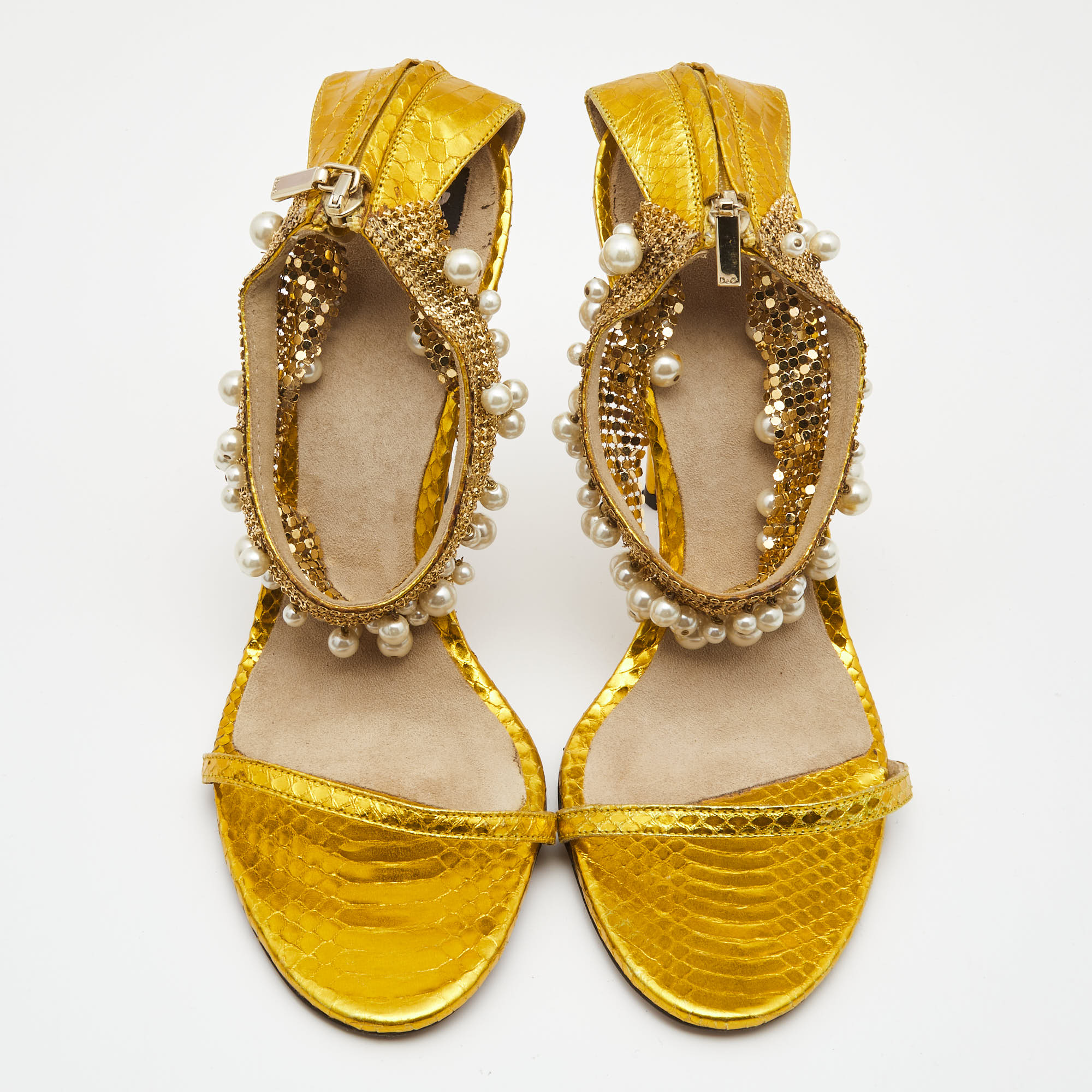 Dolce & Gabbana Metallic Yellow Python Embossed Leather Embellished Ankle Strap Sandals Size 40