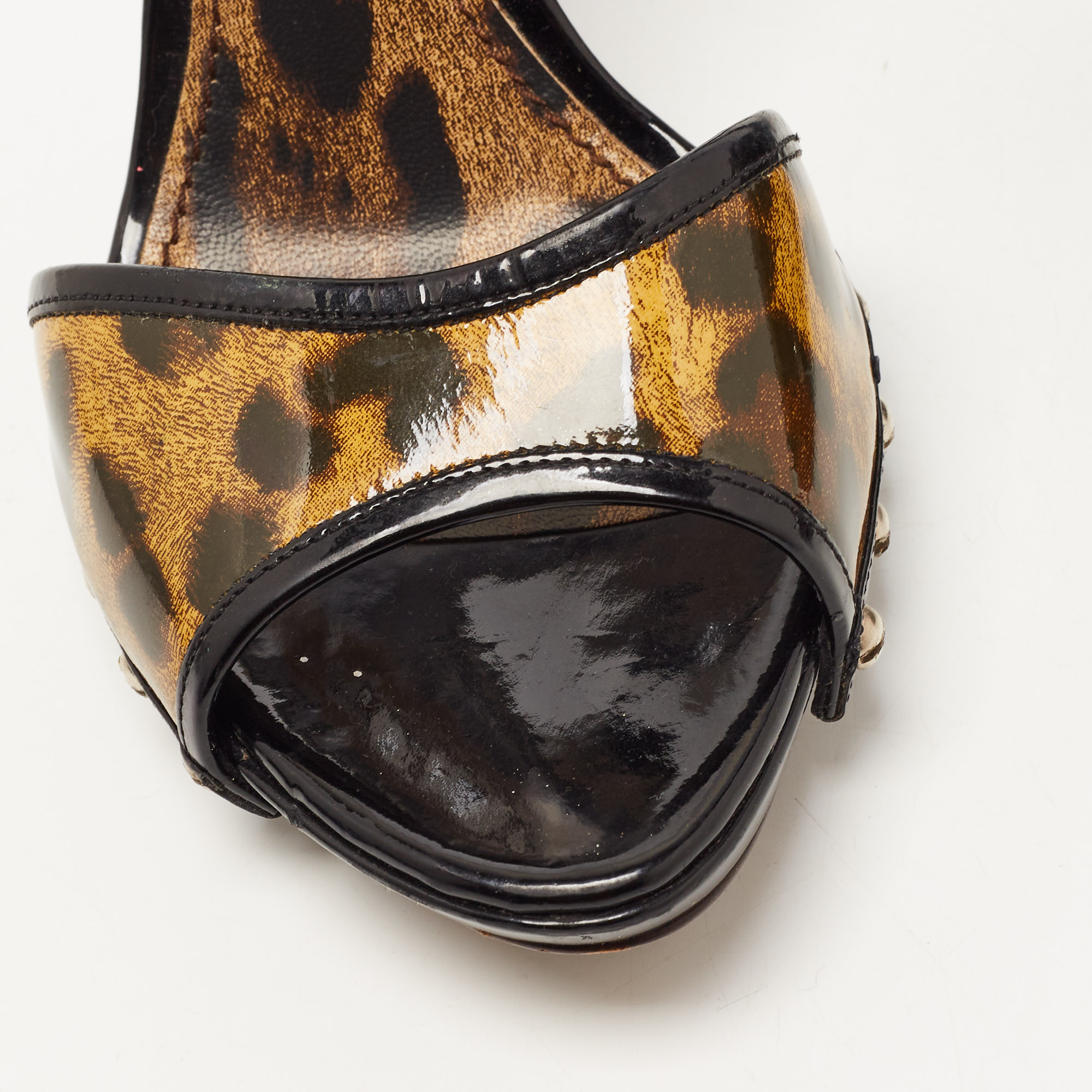 Dolce & Gabbana Black/Brown Patent Leather Leopard Print Slide Sandals Size 37.5