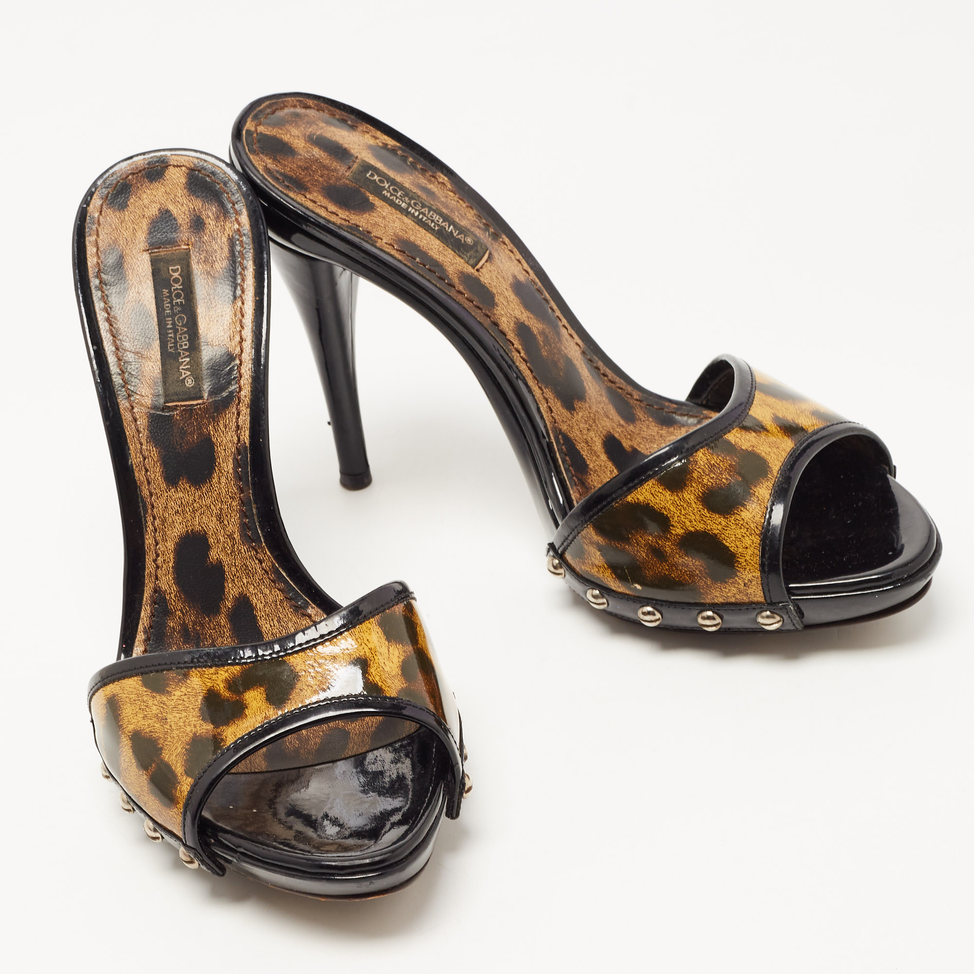 Dolce & Gabbana Black/Brown Patent Leather Leopard Print Slide Sandals Size 37.5