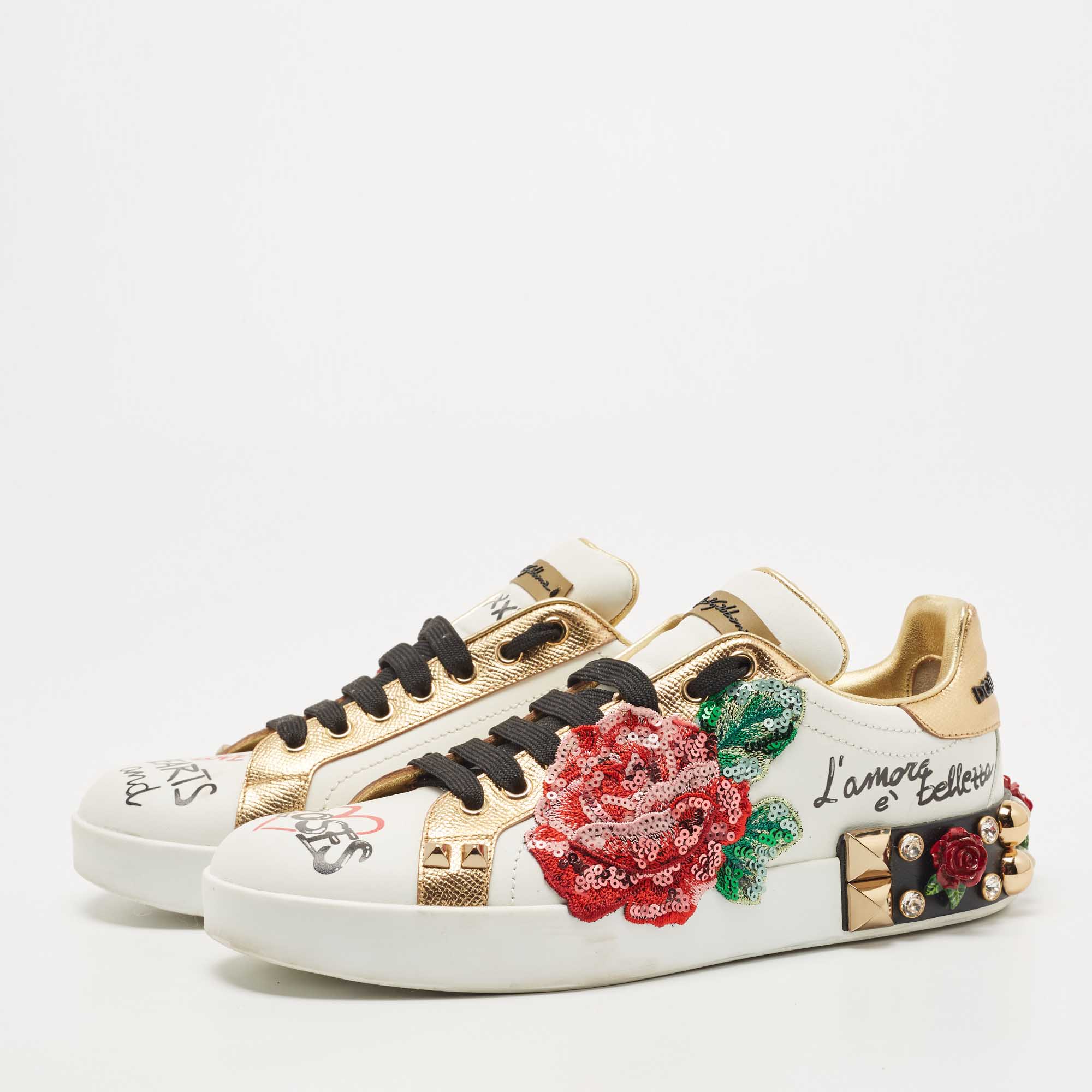 

Dolce & Gabbana White Leather Flower Applique and Studded Portofino Sneakers Size