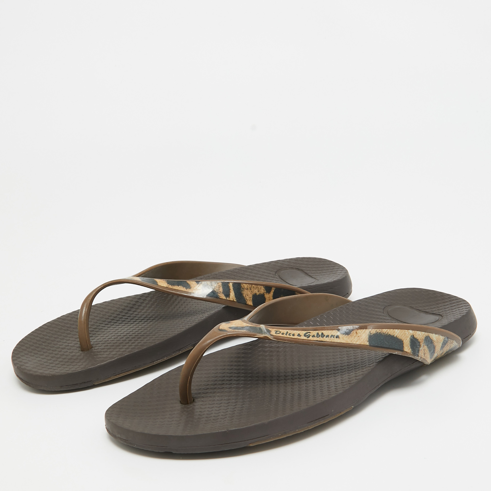 Dolce & Gabbana Brown/Black Tiger Print Rubber Thong Sandals Size 39