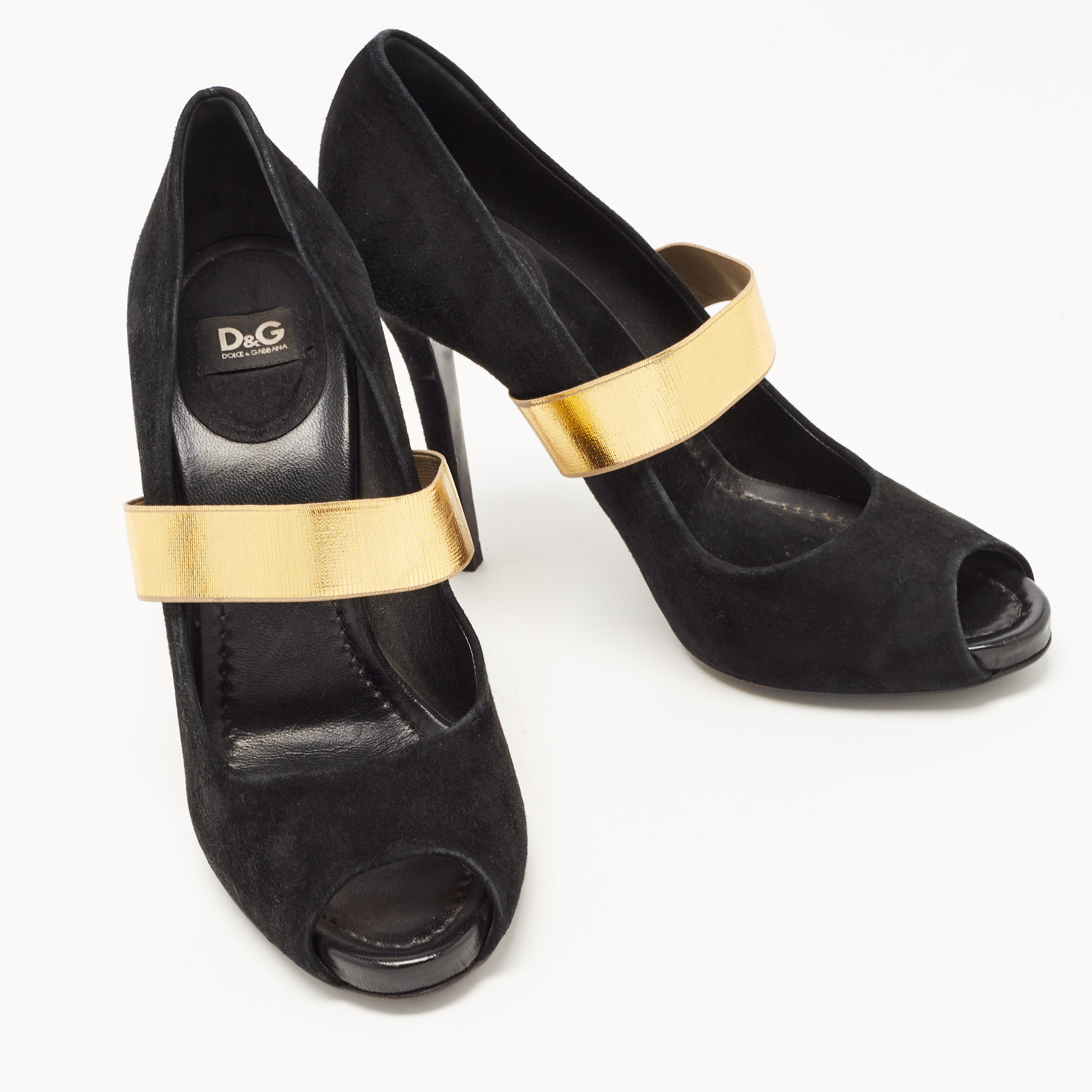 Dolce & Gabbana Black/Gold Suede And Elastic Band Mary Jane Peep Toe Pumps Size 39