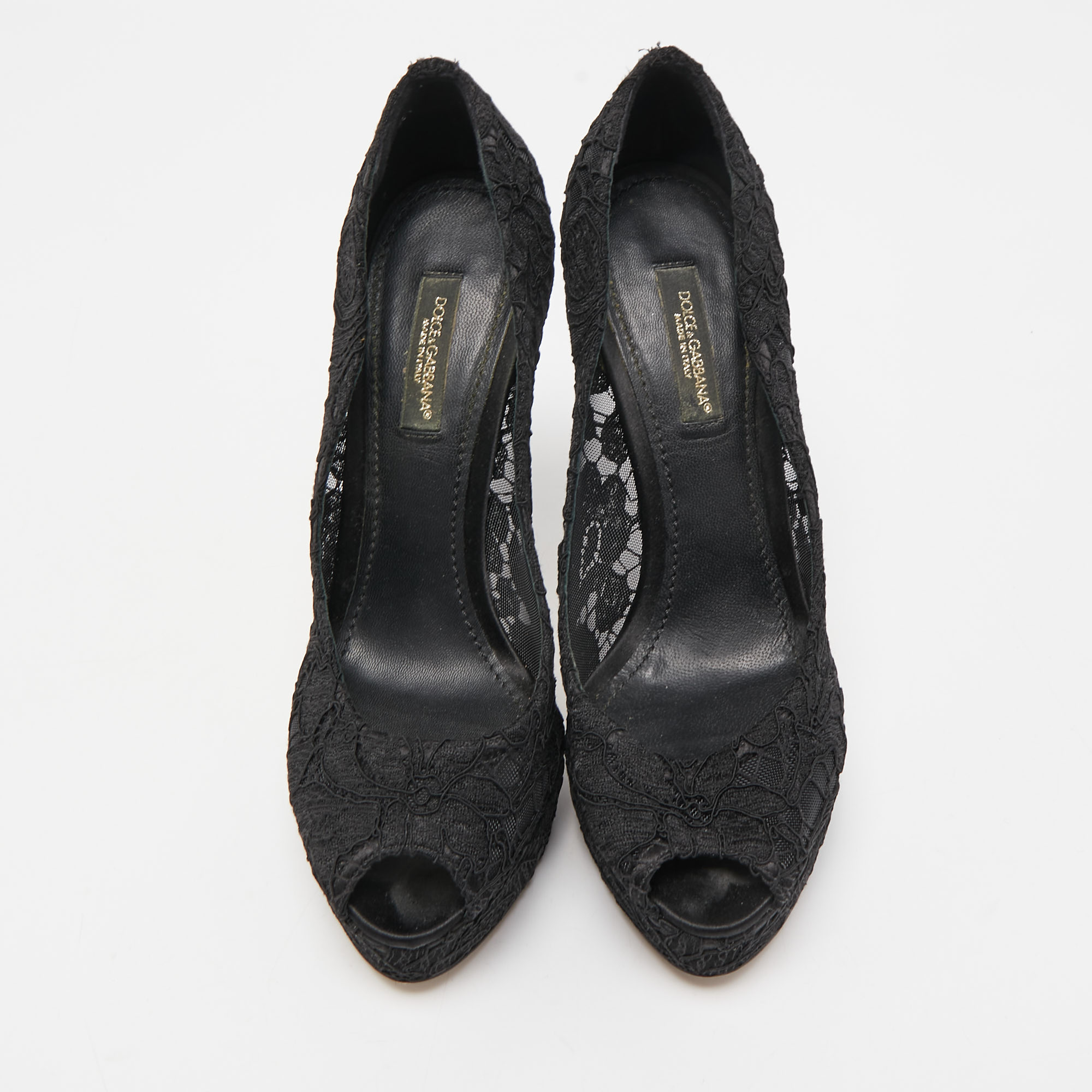 Dolce & Gabbana Black Satin And Lace Peep Toe Platform Pumps Size 36