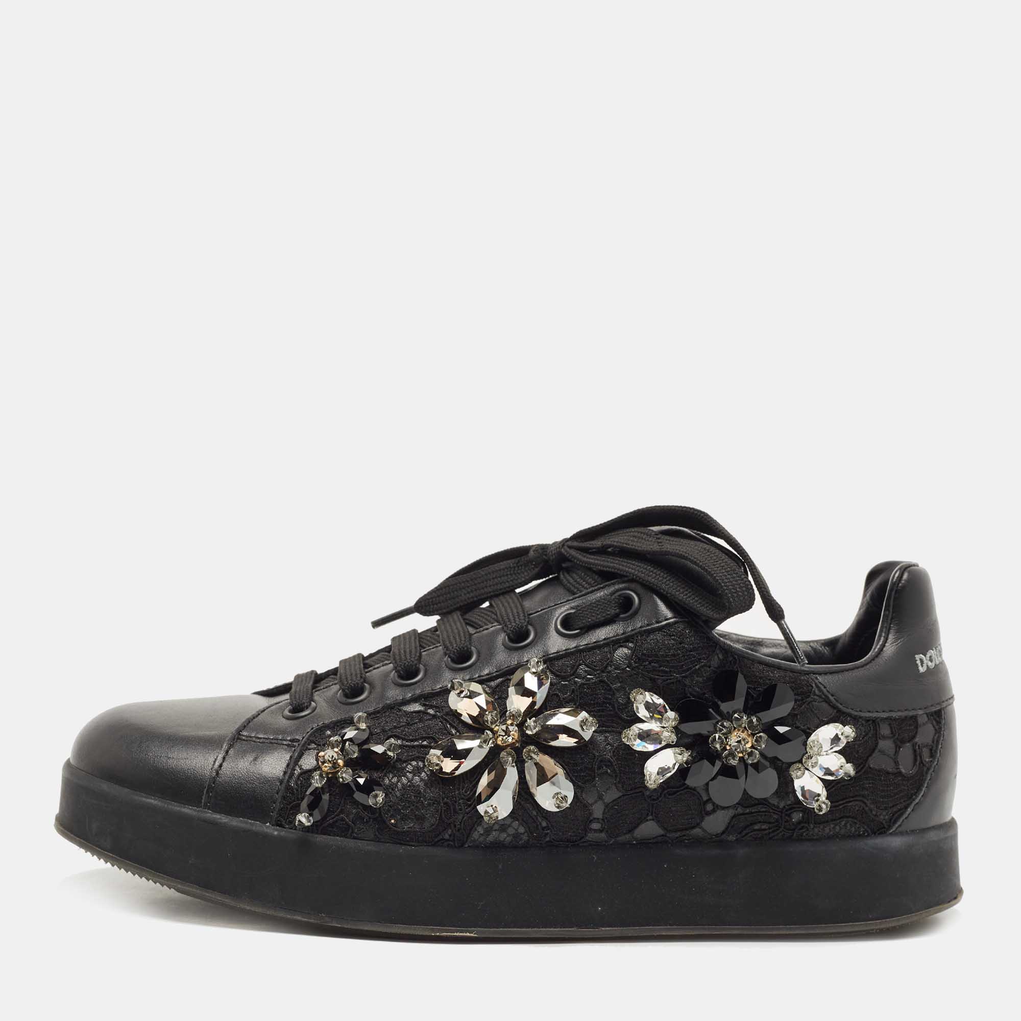 Dolce & Gabbana Black Leather, Lace  Low Top Sneakers Size 37