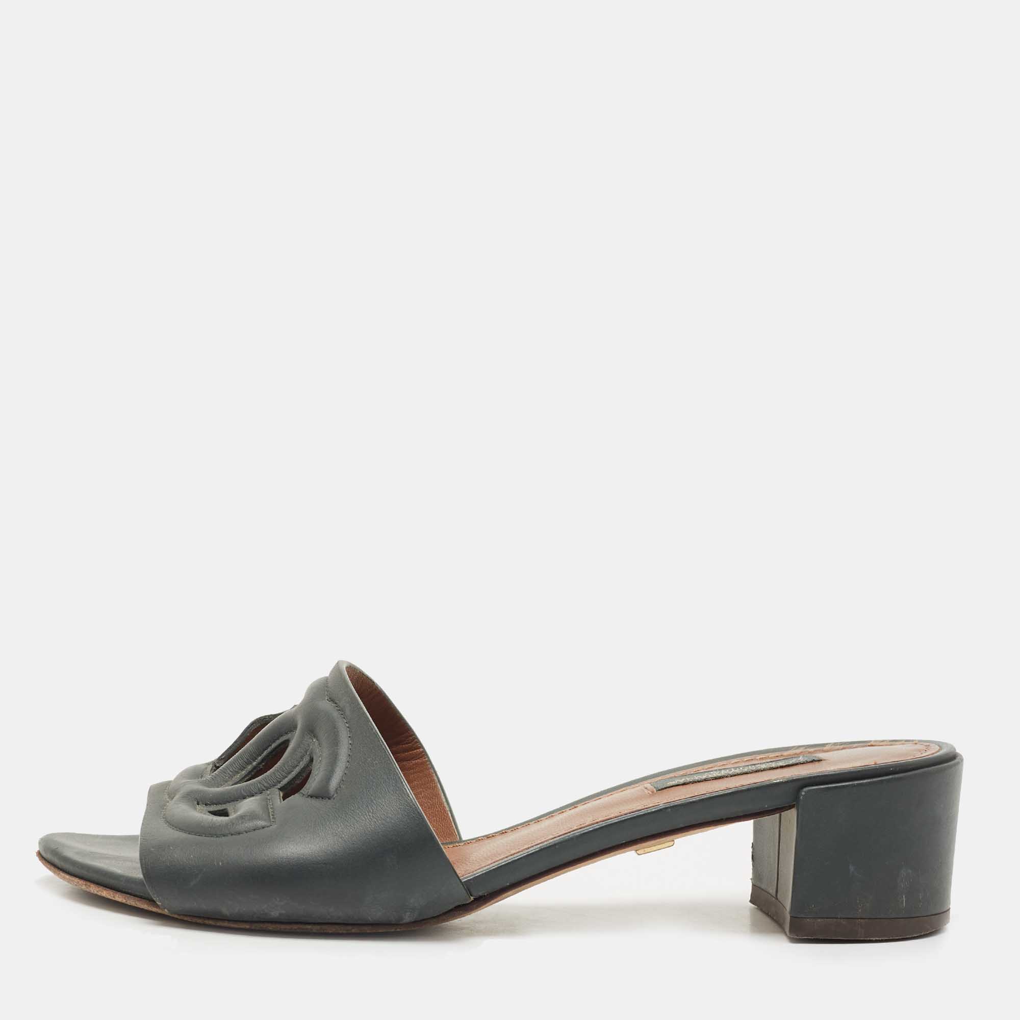 Dolce & Gabbana Dark Green Leather DG Cut Out Slide Sandals Size 36