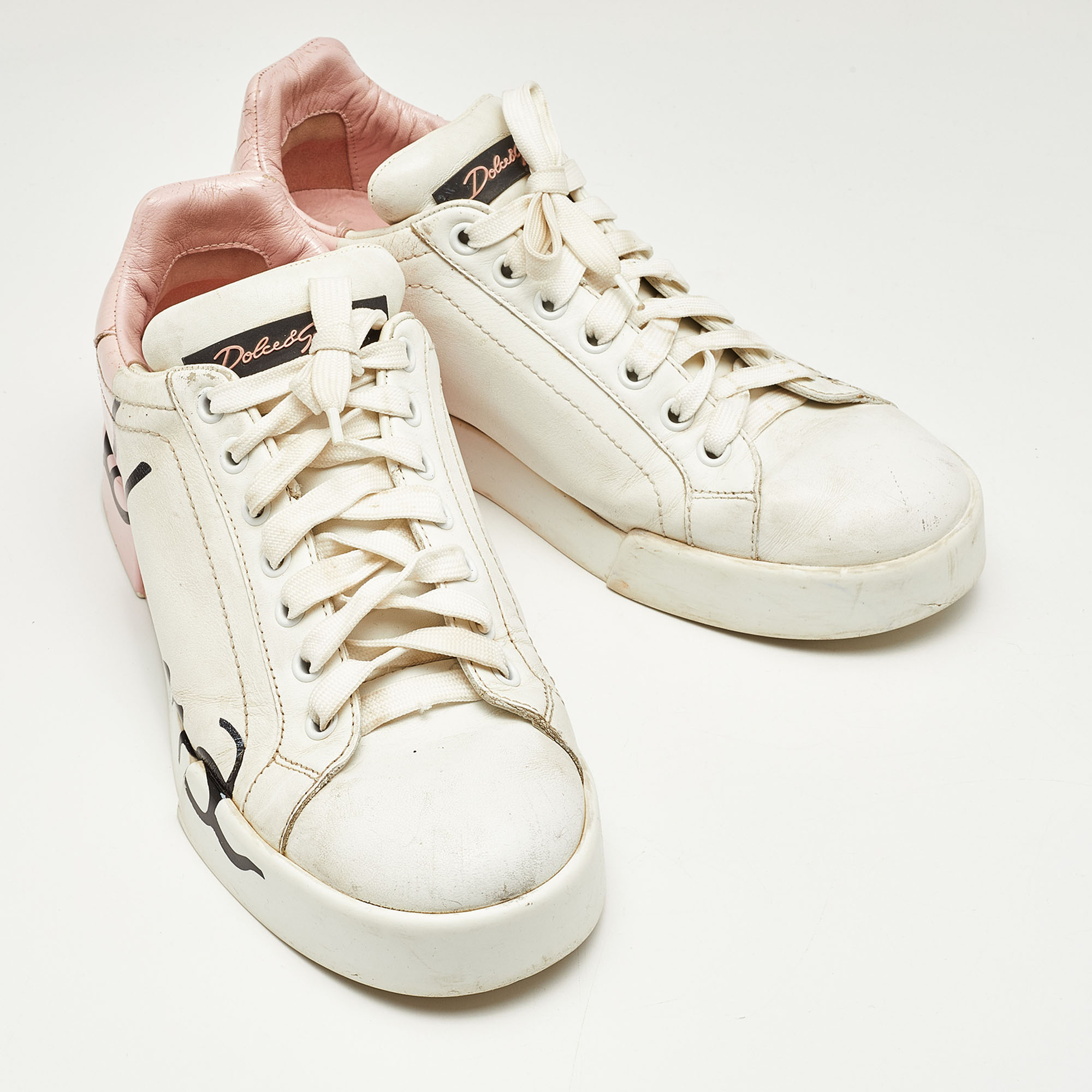 Dolce & Gabbana White/Pink Logo Print Leather Low Top Sneakers Size 38