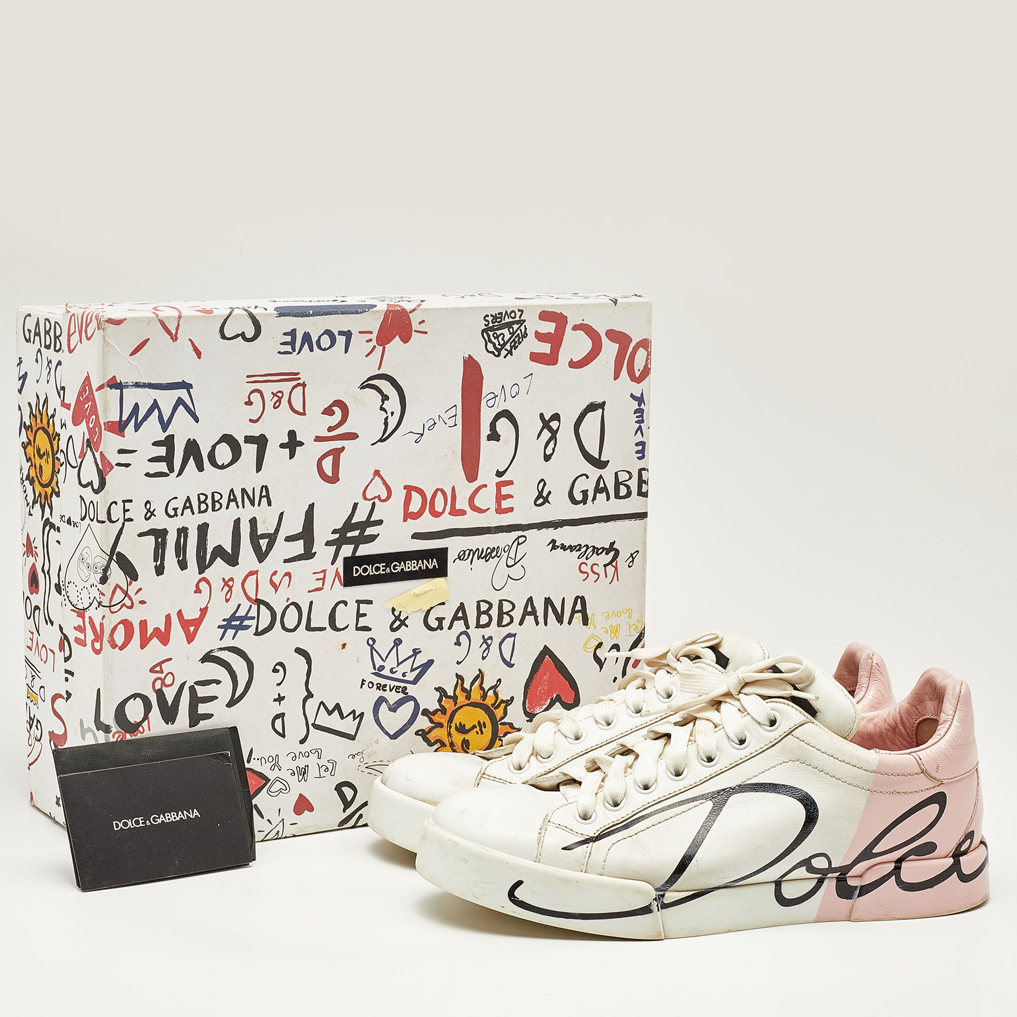 Dolce & Gabbana White/Pink Logo Print Leather Low Top Sneakers Size 38