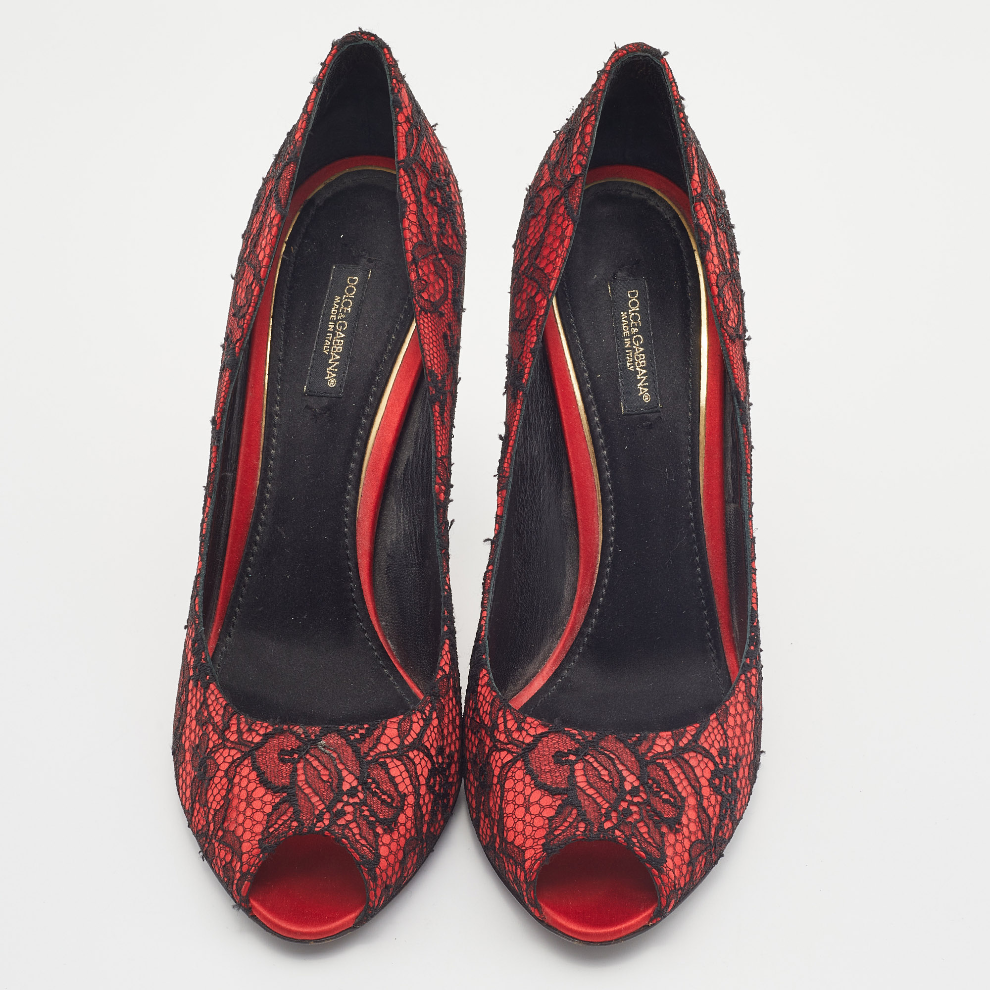 Dolce & Gabbana Red/Black Satin And Lace Peep Toe Pumps Size 40