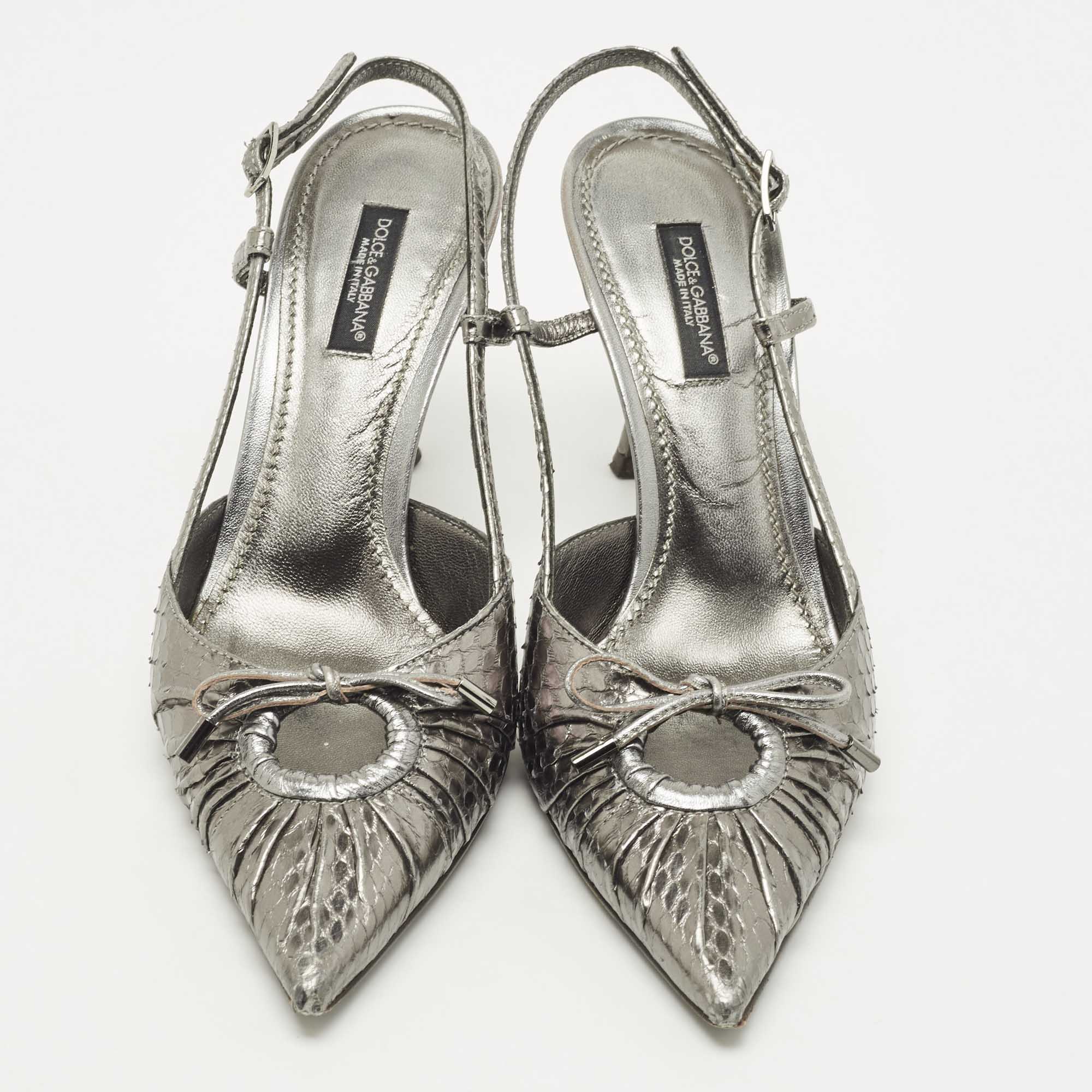 Dolce & Gabbana Metallic Silver Python Bow Slingback Pumps Size 36.5