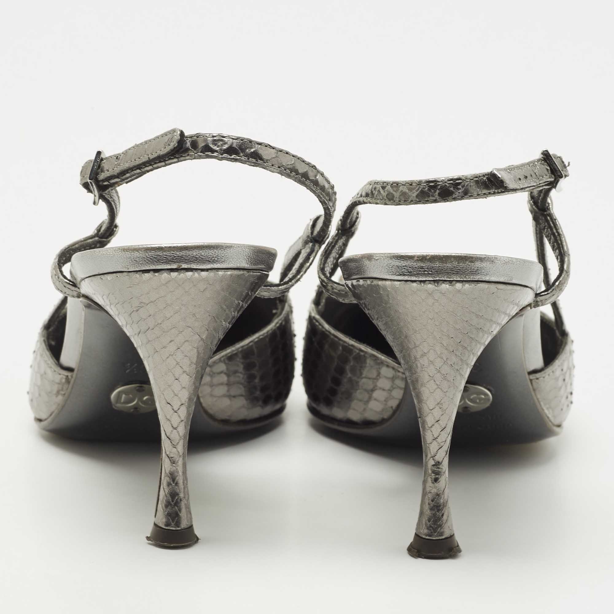 Dolce & Gabbana Metallic Silver Python Bow Slingback Pumps Size 36.5