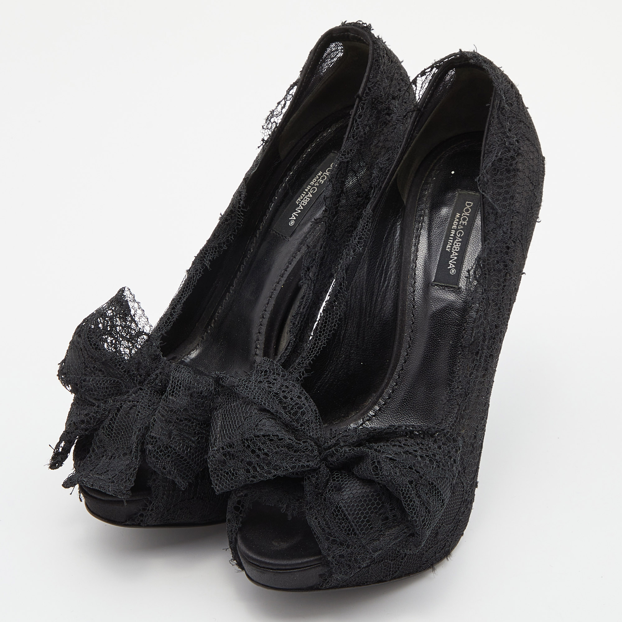 Dolce & Gabbana Black Lace Bow Peep Toe Platform Pumps Size 36