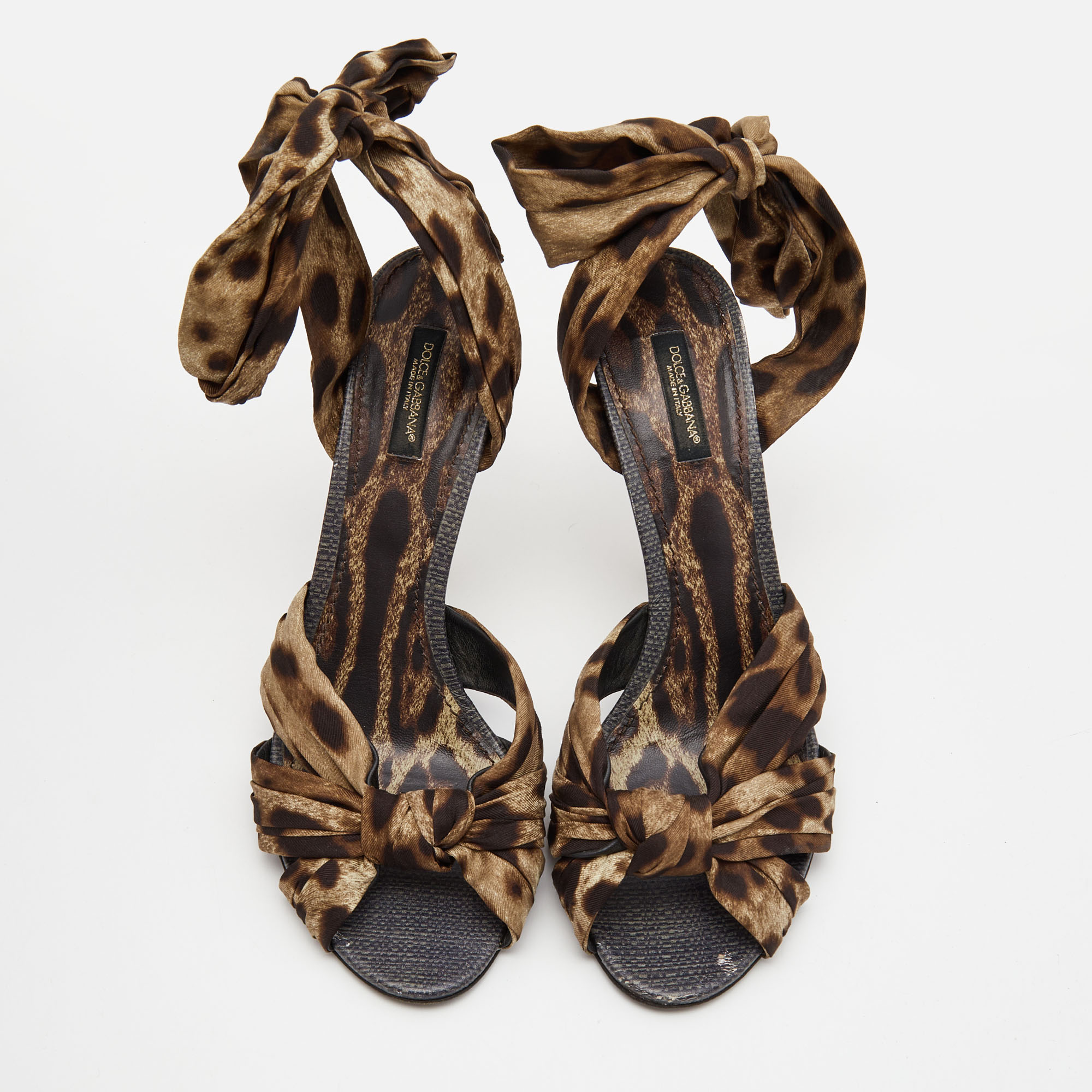Dolce & Gabbana Brown Satin Leopard Print Fastening Ankle Tie Sandals Size 40