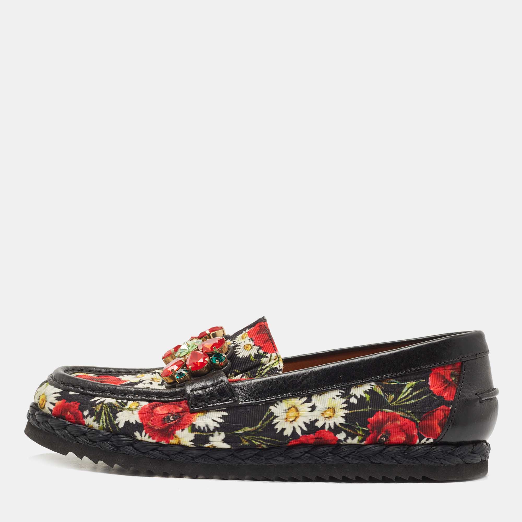 Dolce & Gabbana Multicolor Floral Fabric And Leather Crystal Embellished Loafers Size 39
