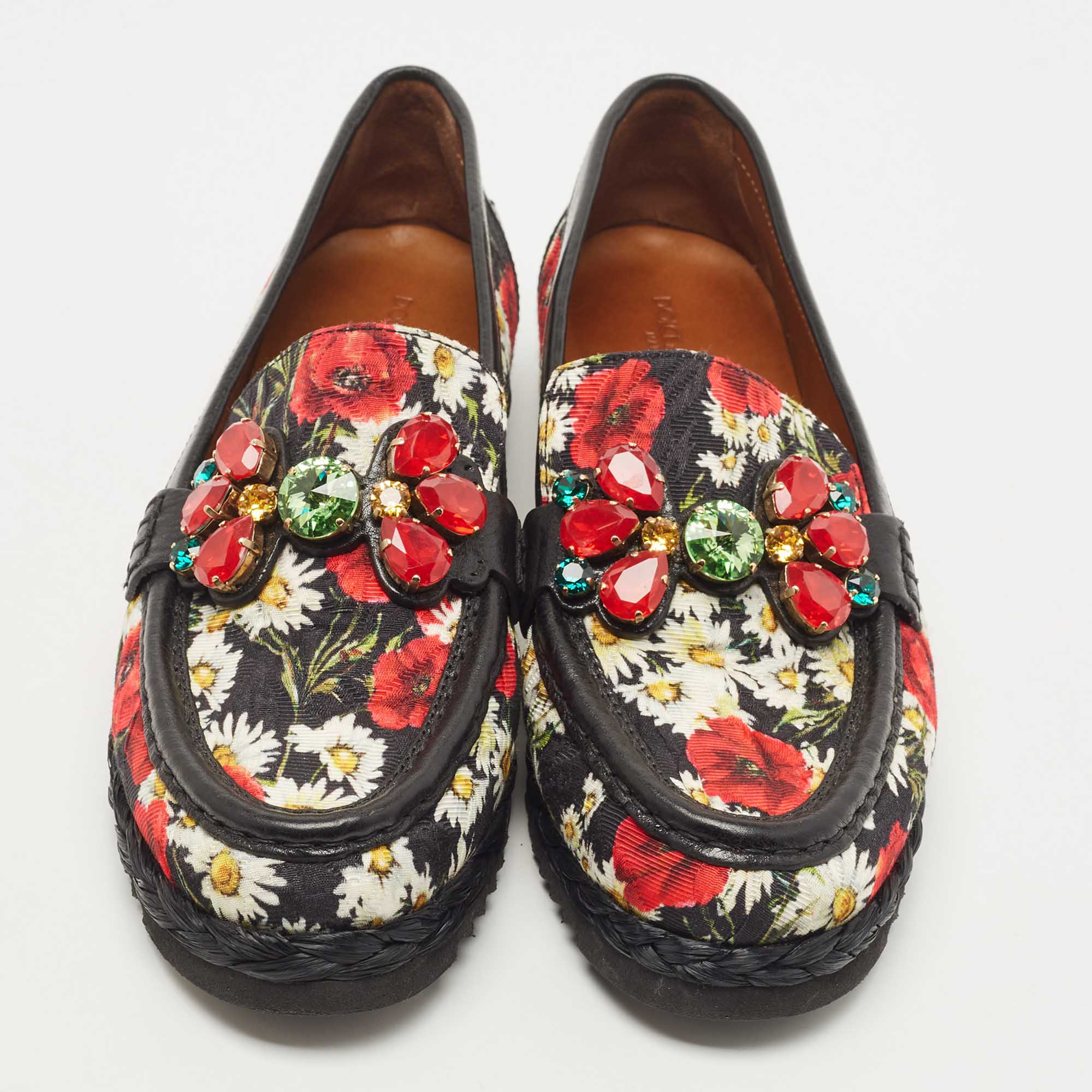 Dolce & Gabbana Multicolor Floral Fabric And Leather Crystal Embellished Loafers Size 39
