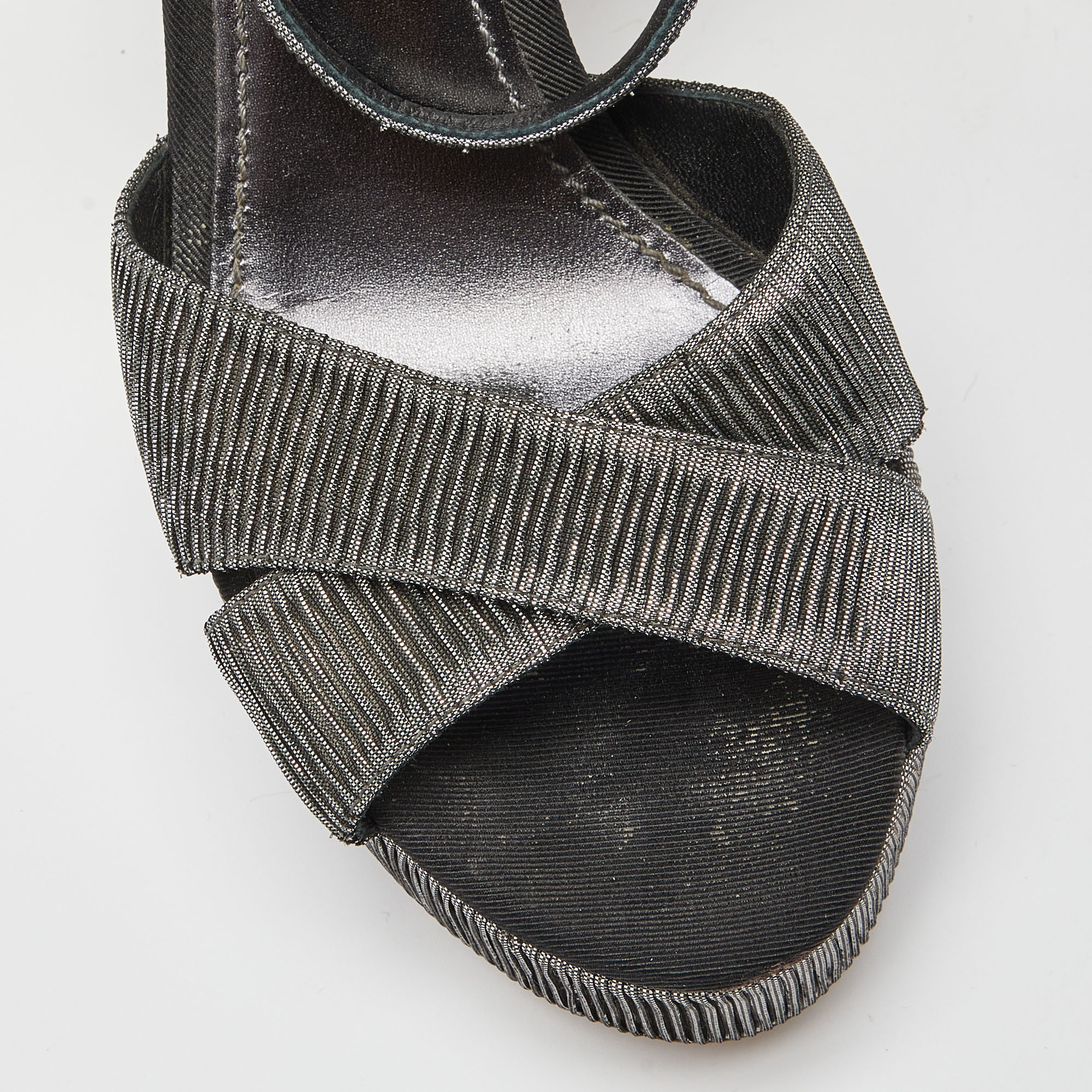Dolce & Gabbana Metallic Grey Pleated Fabric Ankle Strap Platform Sandals Size 37