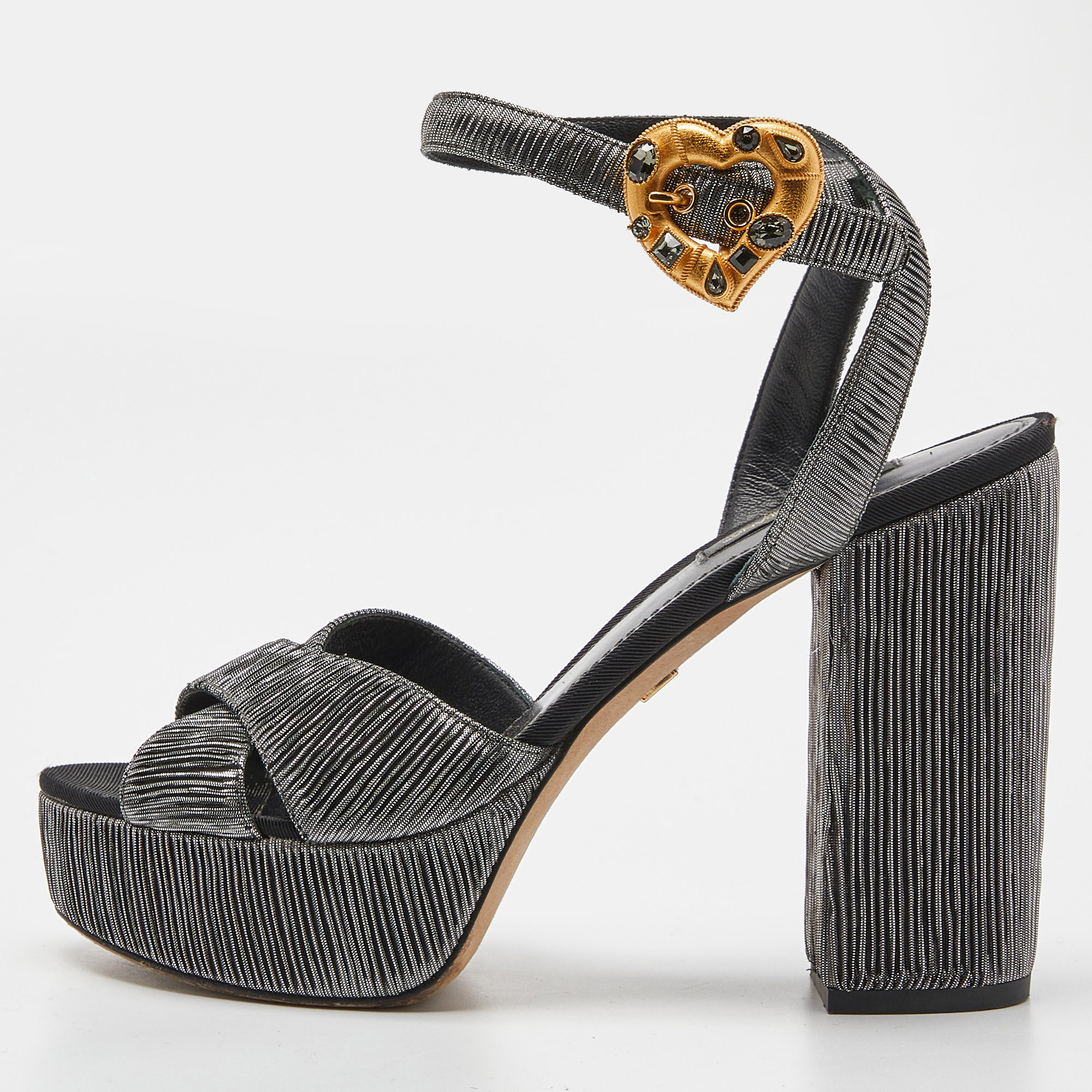 Dolce & Gabbana Metallic Grey Pleated Fabric Ankle Strap Platform Sandals Size 37