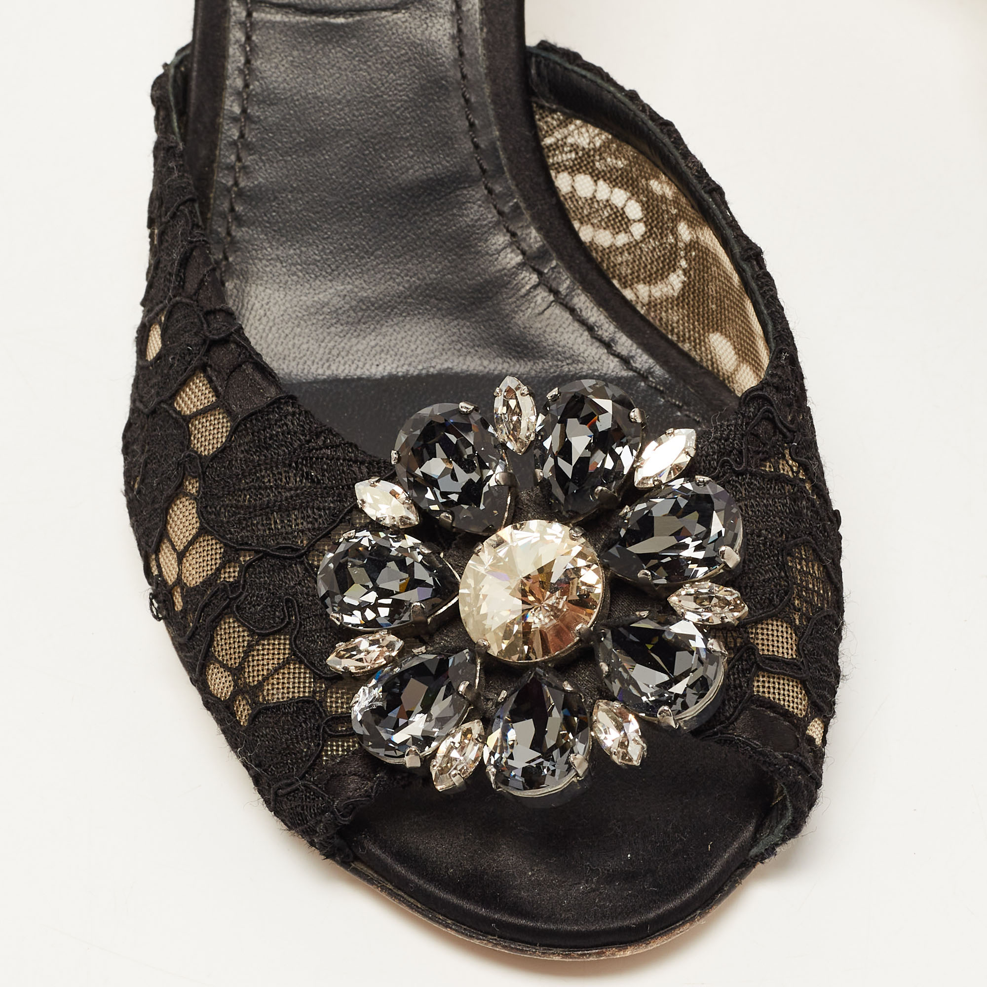 Dolce & Gabbana Black Lace Keria Crystal Embellished Slides Size 39