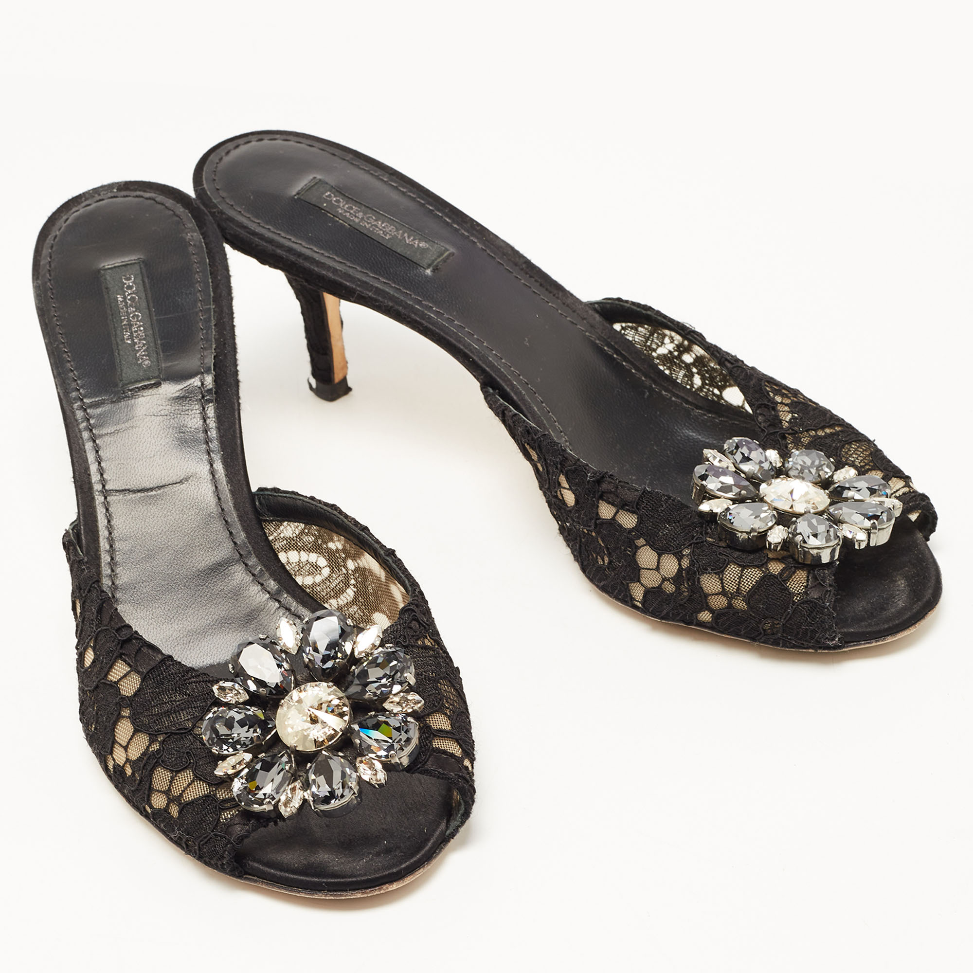 Dolce & Gabbana Black Lace Keria Crystal Embellished Slides Size 39