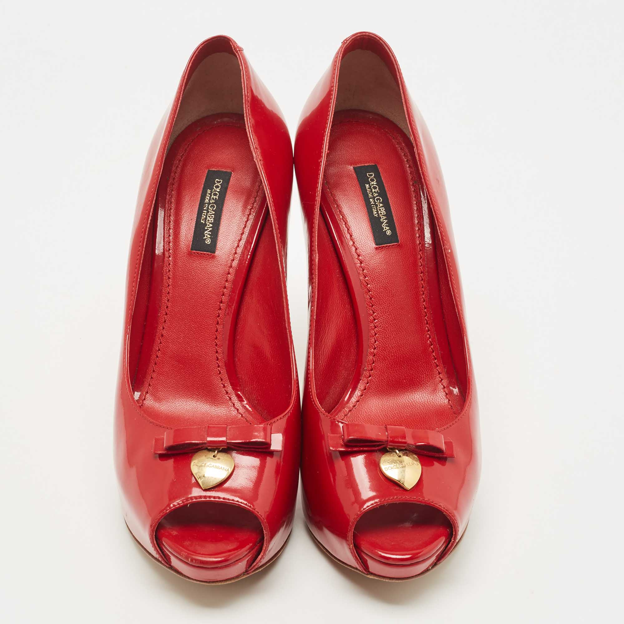 Dolce & Gabbana Red Patent Leather Bow Peep Toe Platform Pumps Size 38
