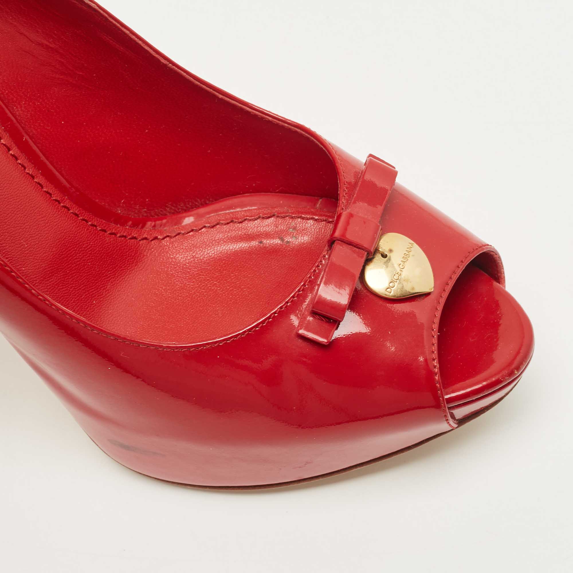 Dolce & Gabbana Red Patent Leather Bow Peep Toe Platform Pumps Size 38