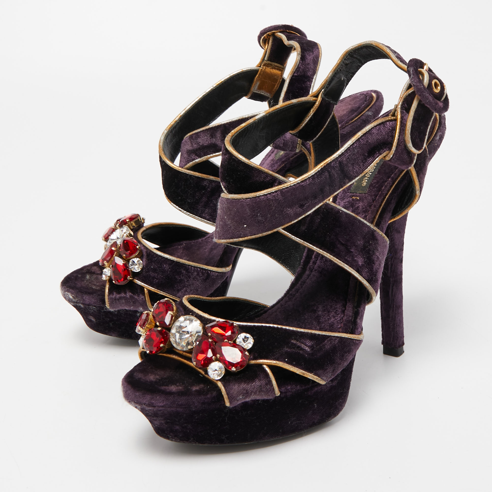 Dolce & Gabbana Purple Velvet And Leather Ankle Strap Sandals Size 39.5