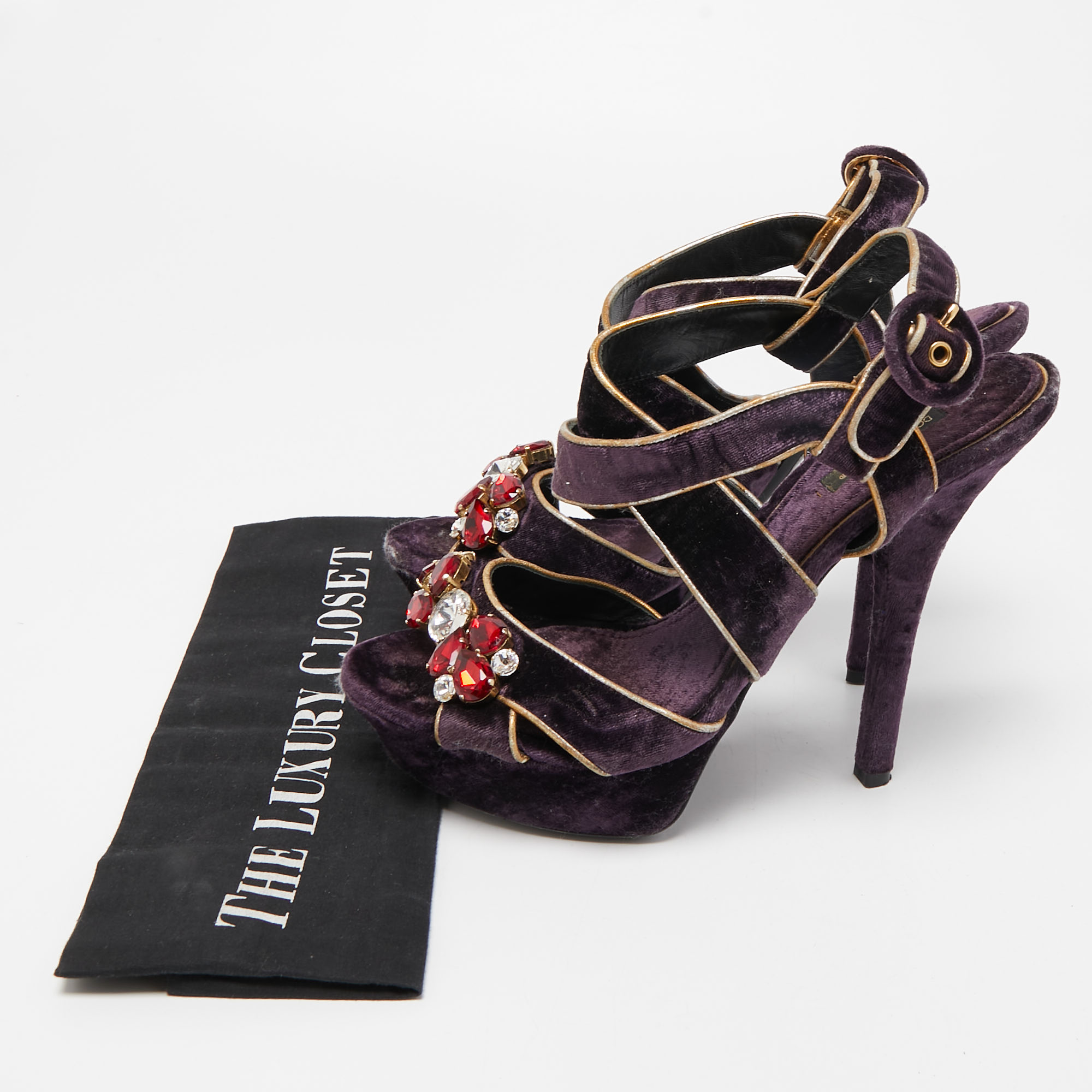 Dolce & Gabbana Purple Velvet And Leather Ankle Strap Sandals Size 39.5