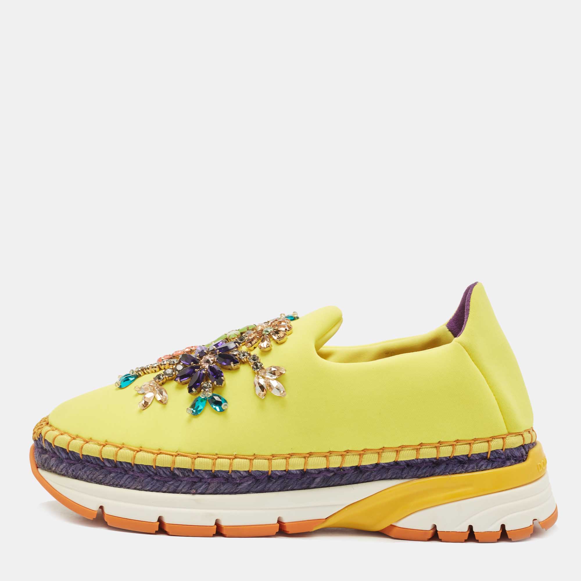Dolce & Gabbana Yellow Neoprene Barcelona Embellished Slip On Sneakers Size 38