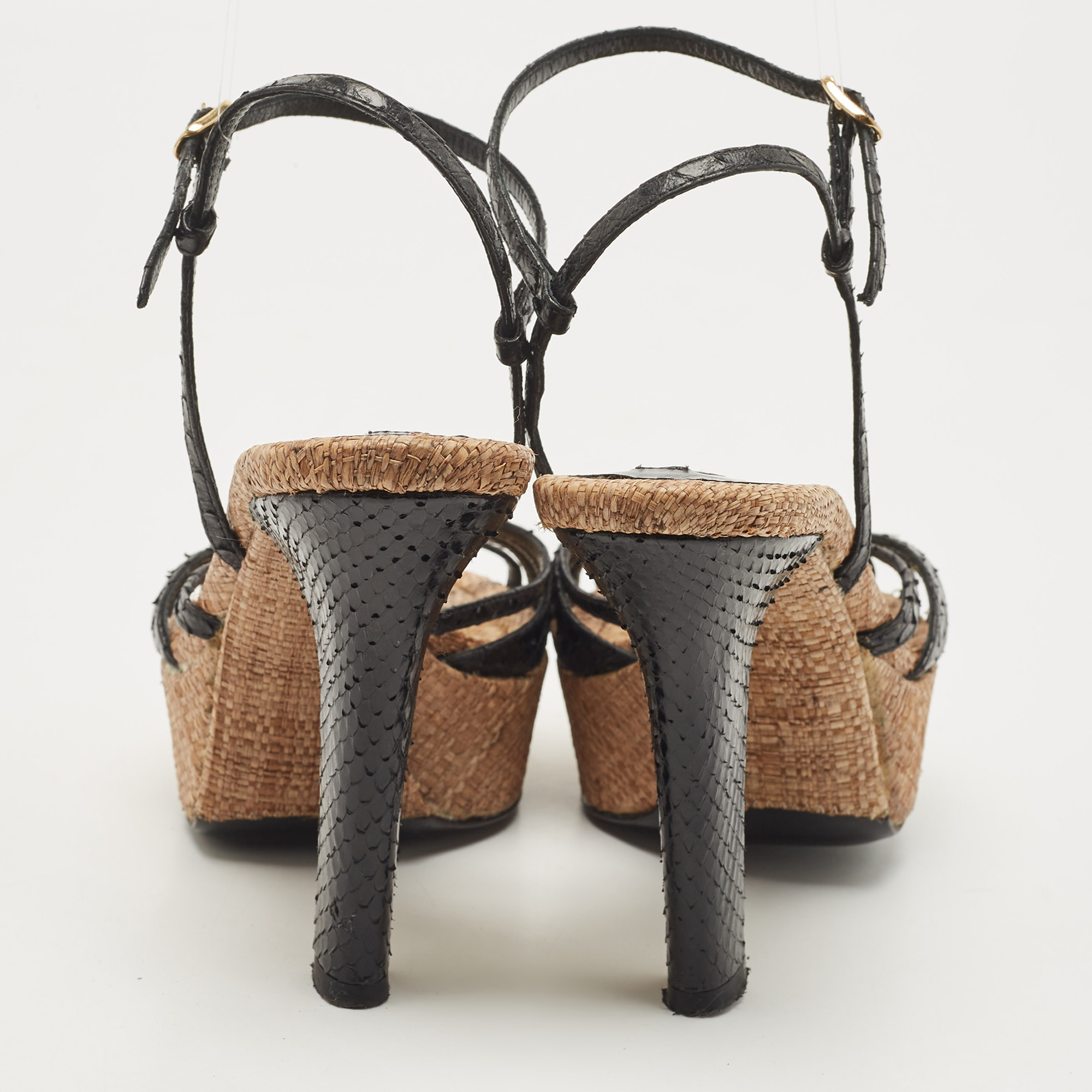 Dolce And Gabbana Black Patent Python And Raffia Platform Sandals Size 37