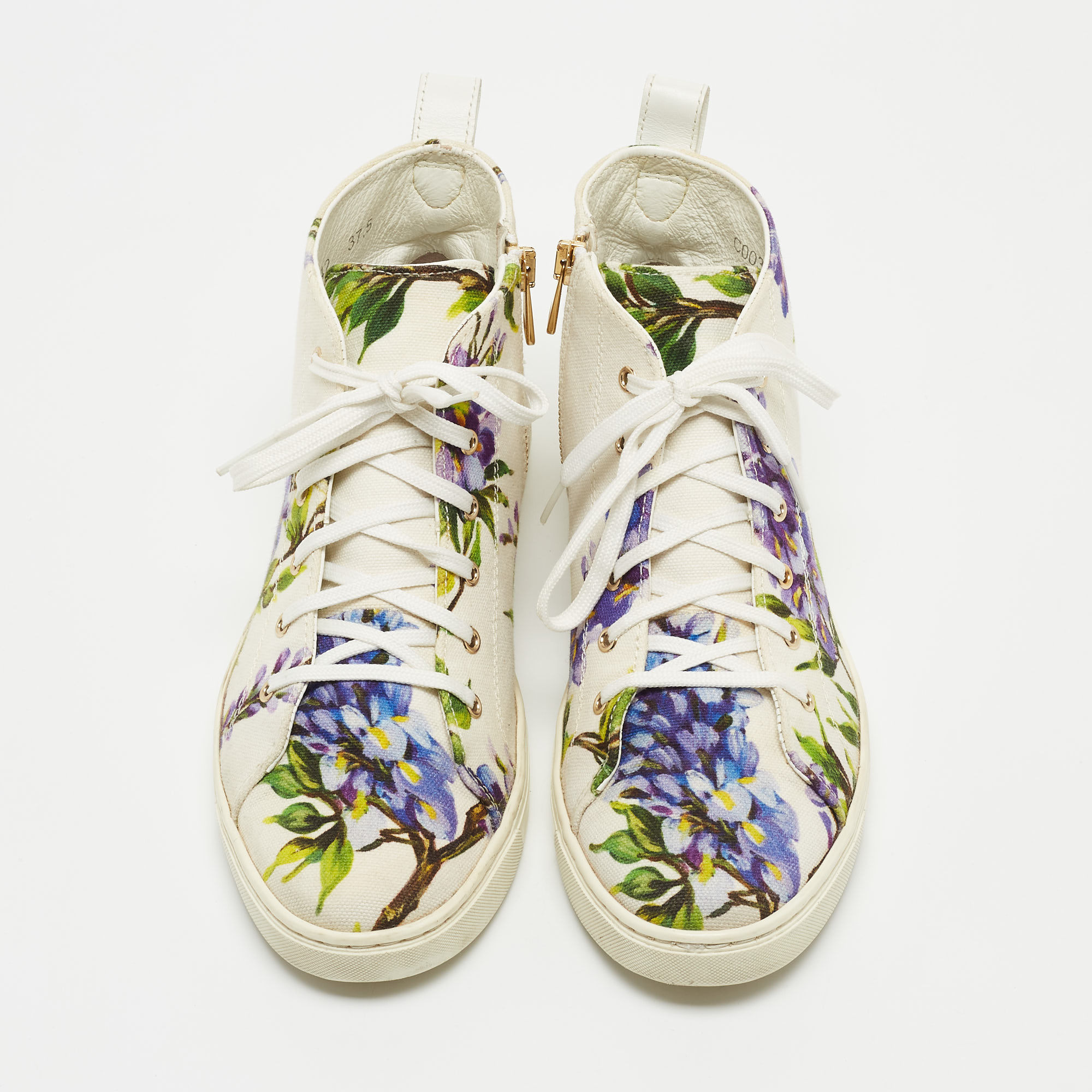 Dolce & Gabbana White Floral Print Canvas High Top Sneakers Size 37.5