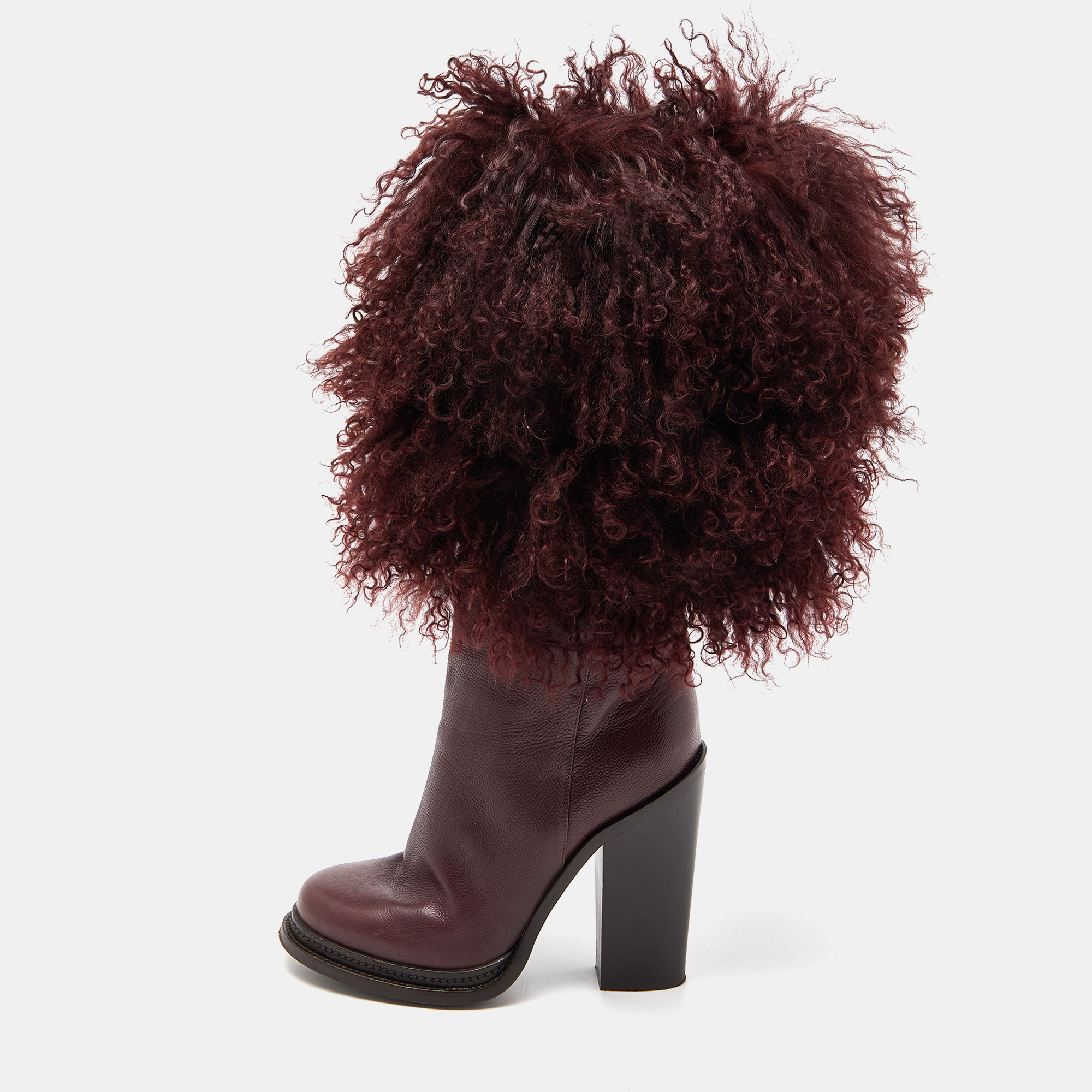 Dolce & Gabbana Burgundy Fur And Leather Calf Length Boots Size 38