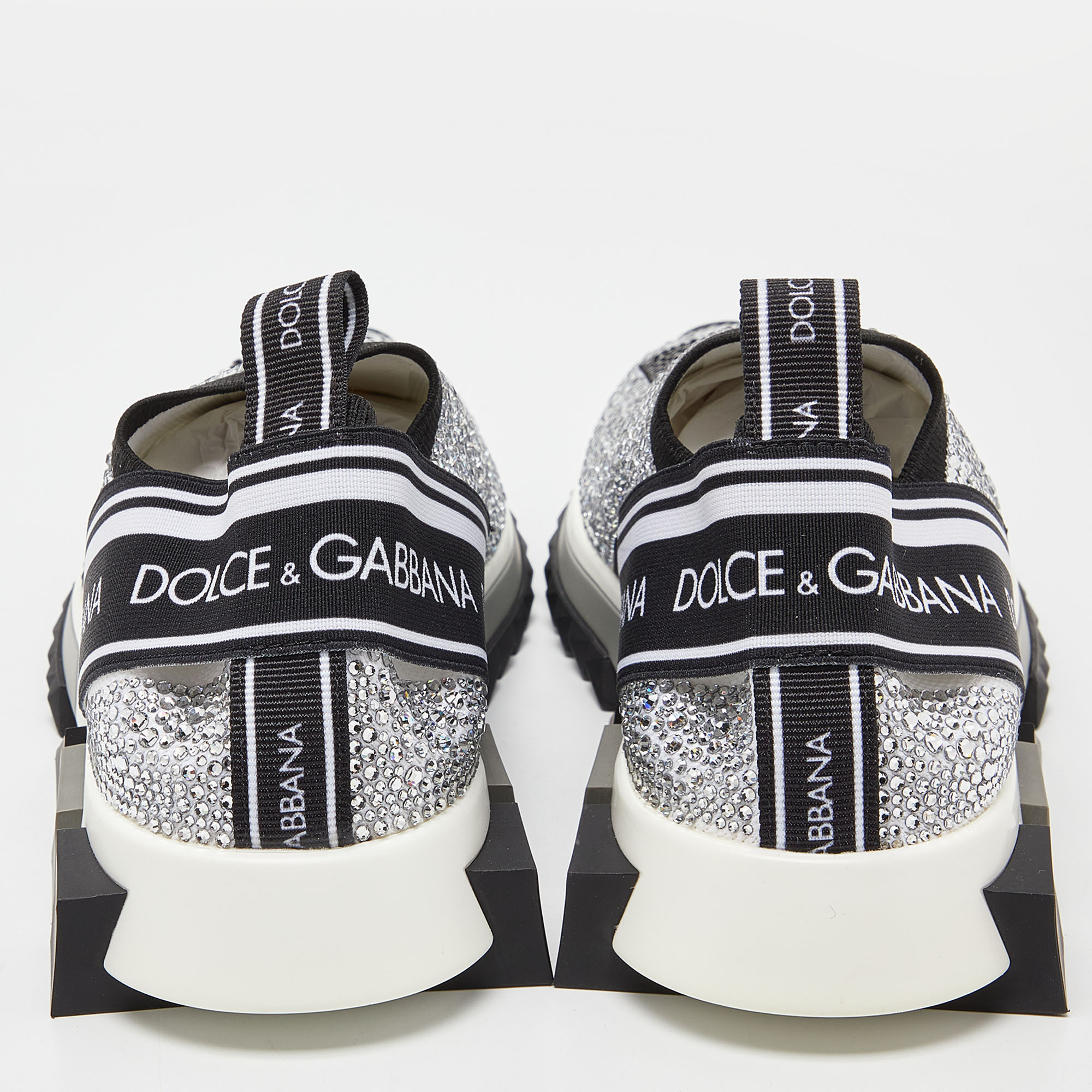 Dolce & Gabbana Silver/Black Fabric Crystal Embellished Sorrento Sneakers Size 38.5