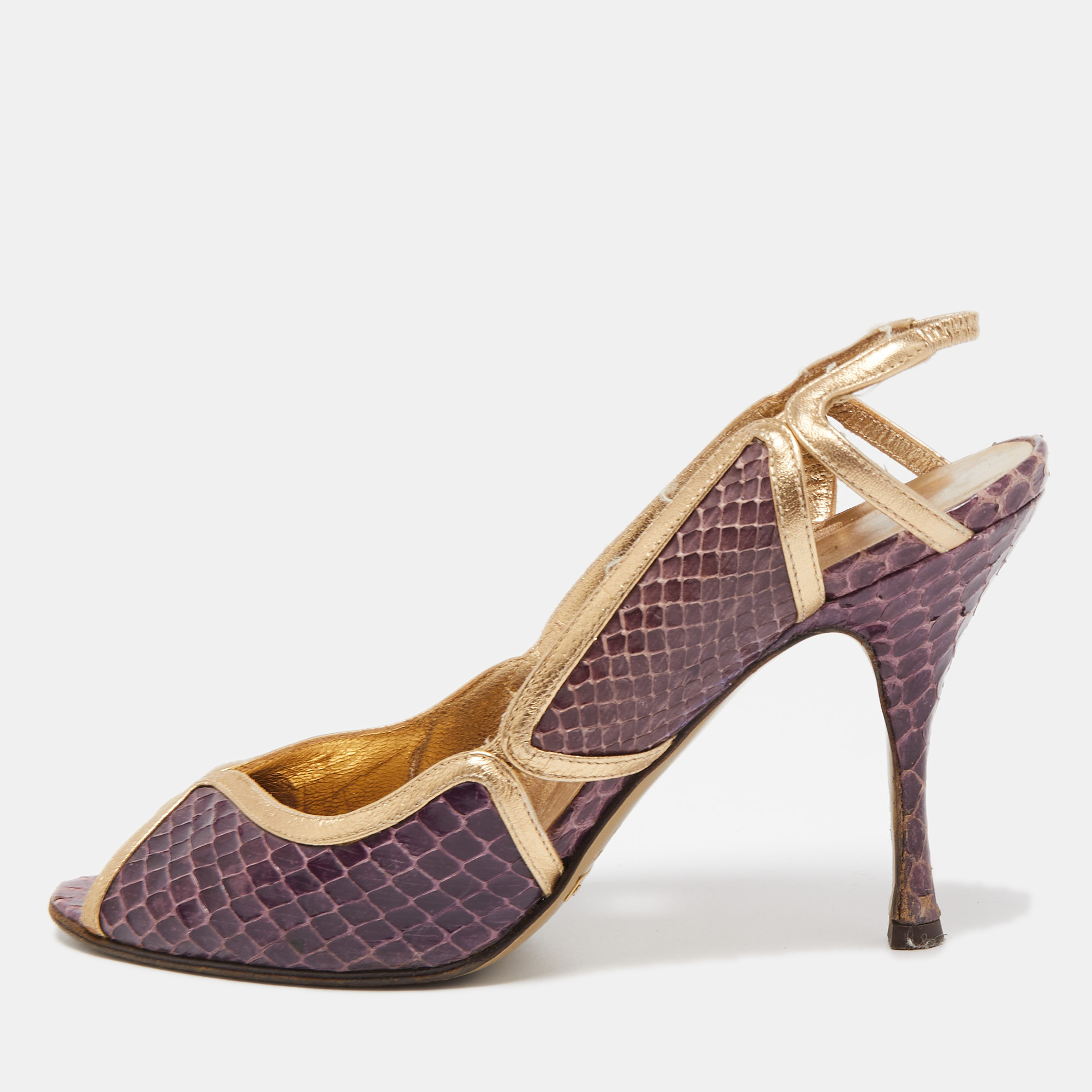 Dolce & Gabbana Purple/Gold Python And Leather Open Toe Slingback Sandals Size 37.5
