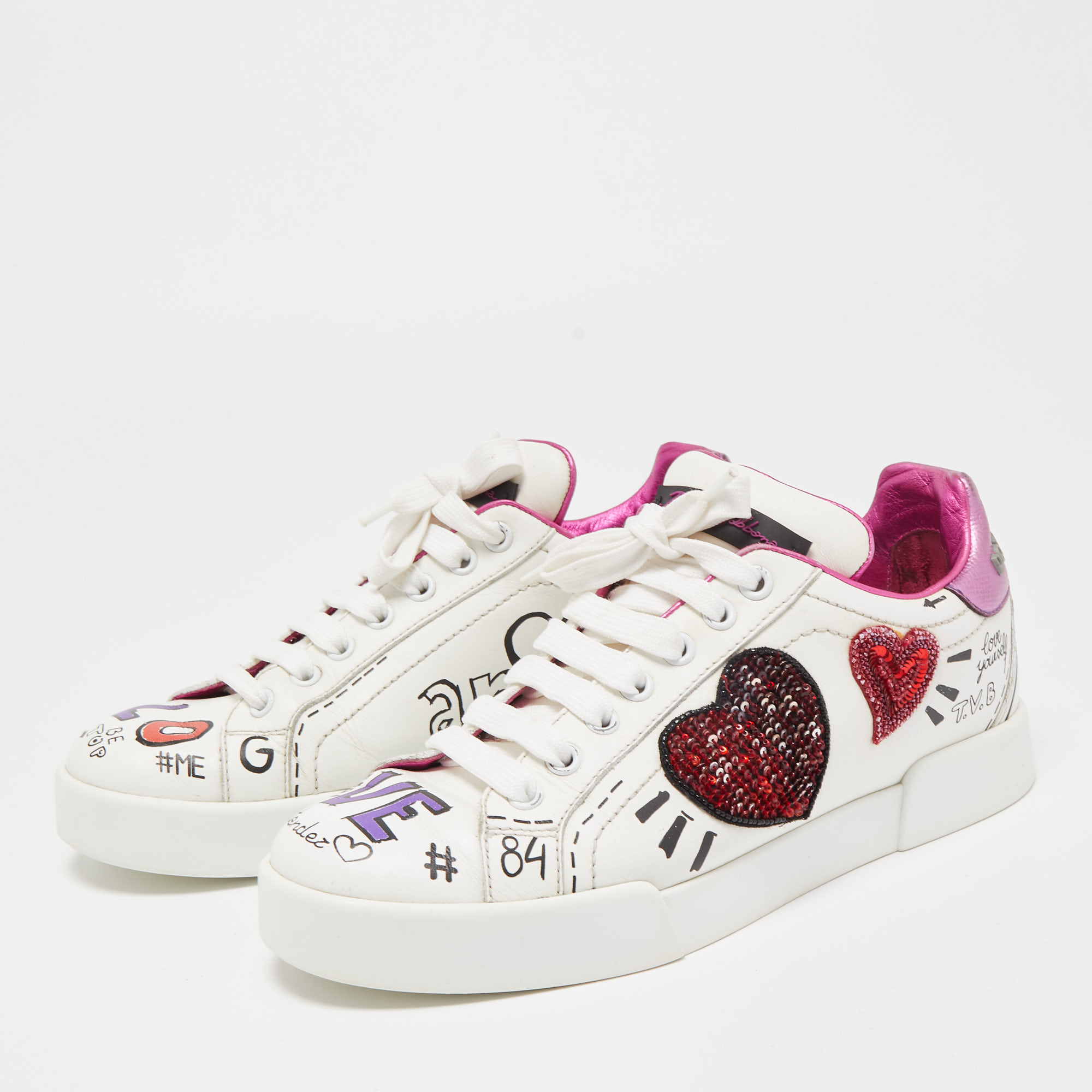 

Dolce & Gabbana White Leather Patch Embroidered Low Top Sneakers Size