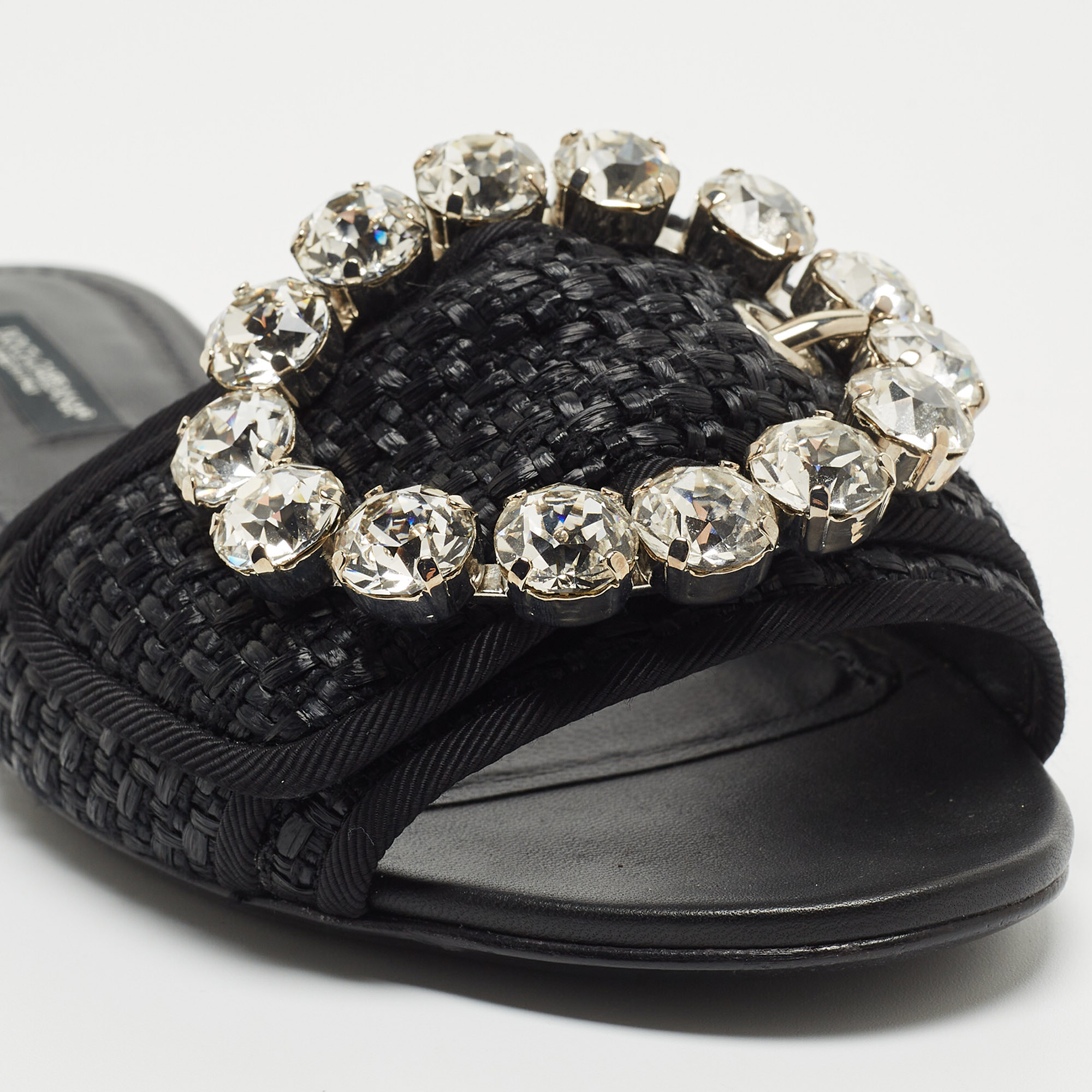 Dolce & Gabbana Black Raffia Crystal Embellished Flat Slides Size 36.5