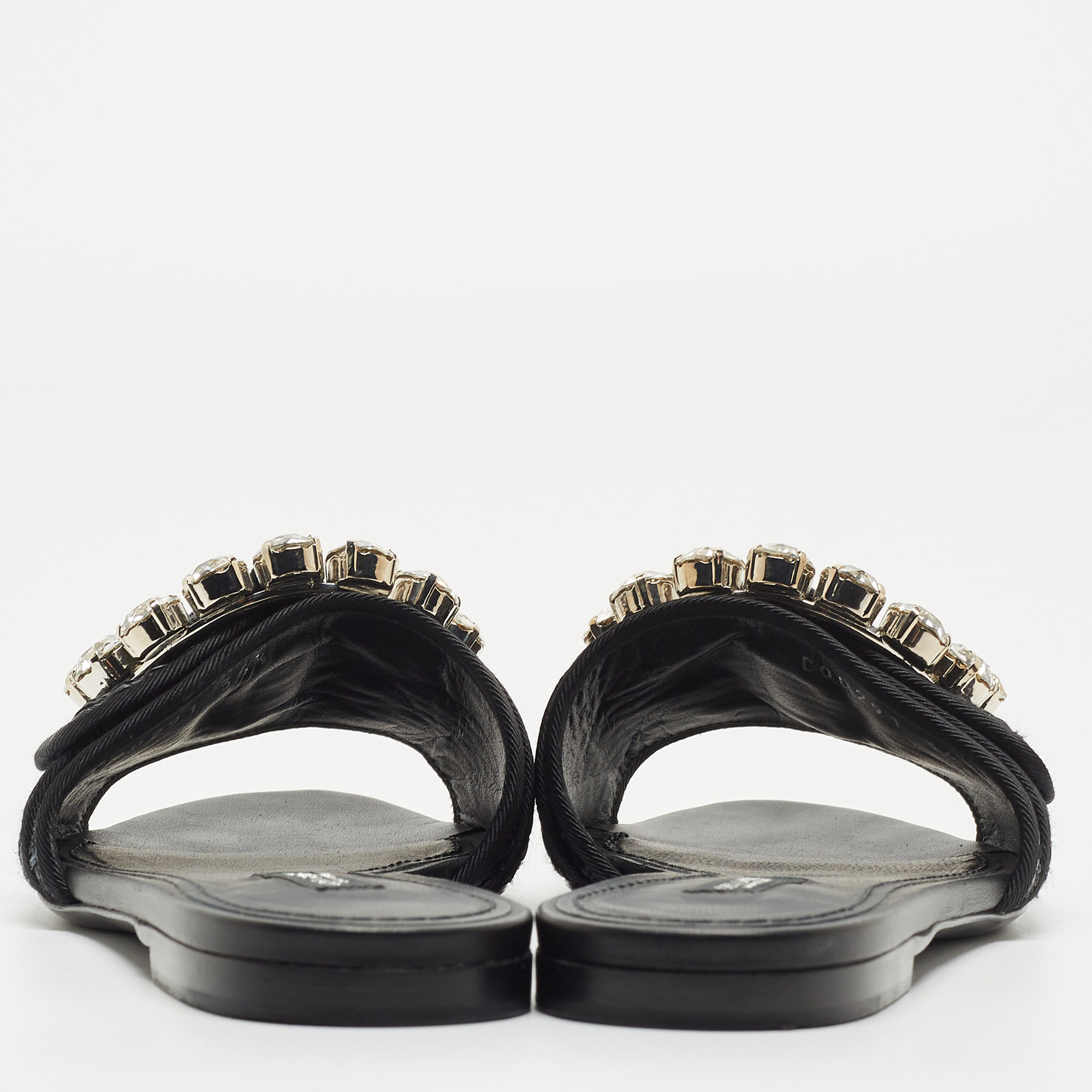 Dolce & Gabbana Black Raffia Crystal Embellished Flat Slides Size 36.5