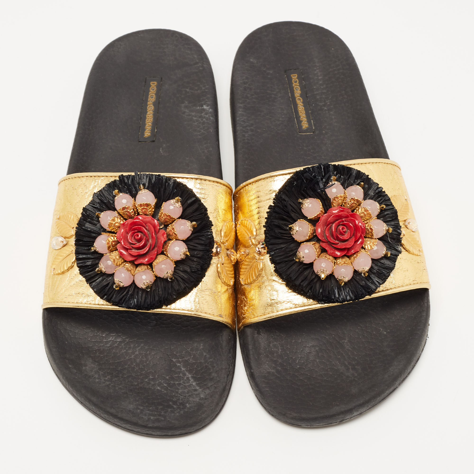 Dolce & Gabbana Gold Jacquard Embellished Slide Sandals Size 40
