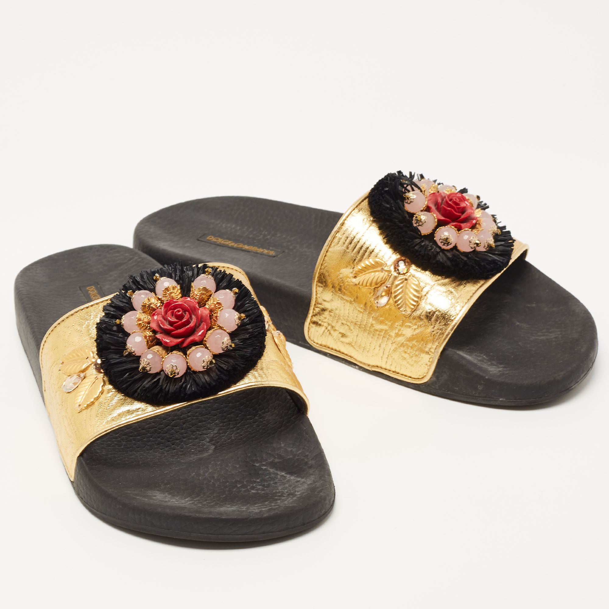 Dolce & Gabbana Gold Jacquard Embellished Slide Sandals Size 40