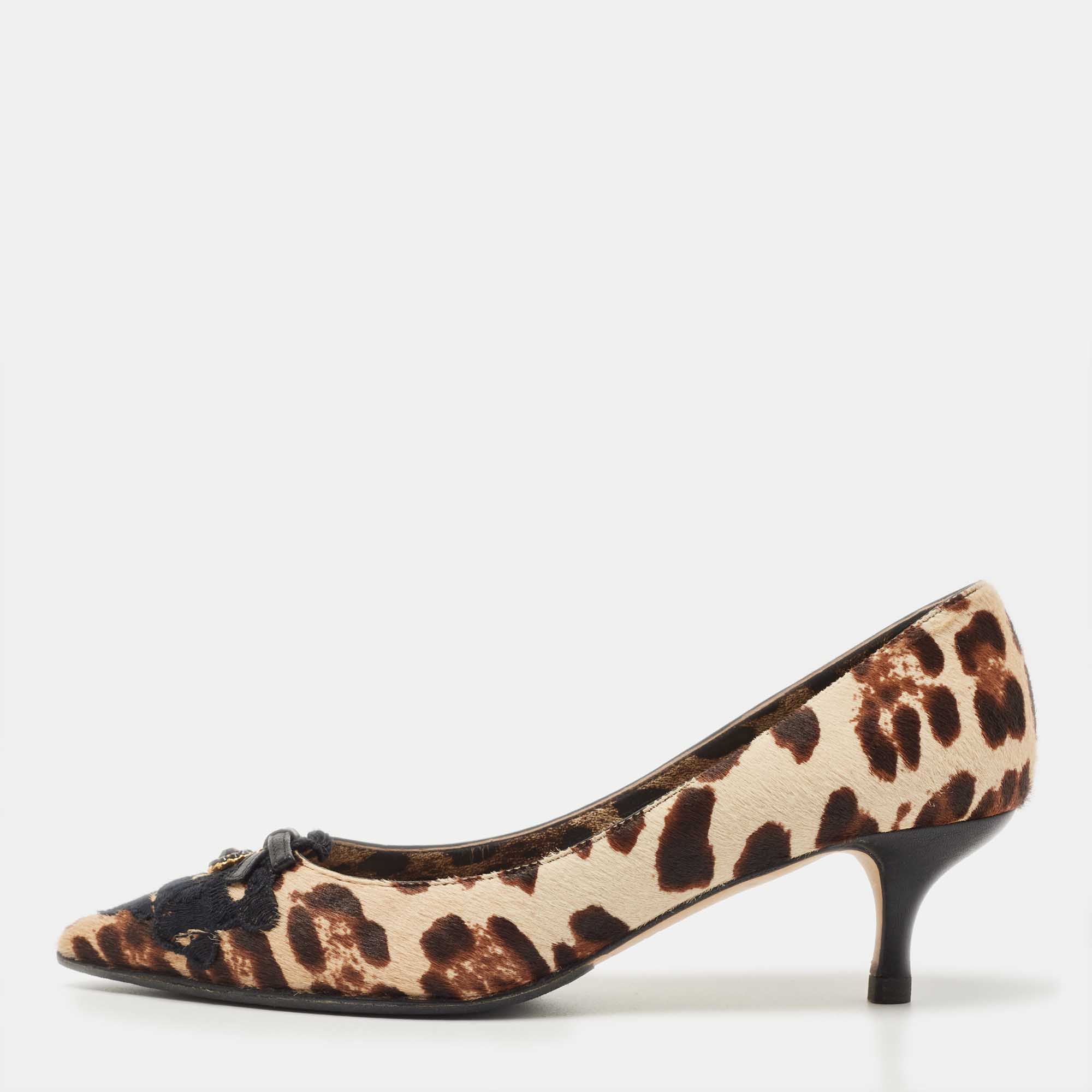Dolce & Gabbana Brown Calf Hair Leopard Print Pointed Pumps Size 37