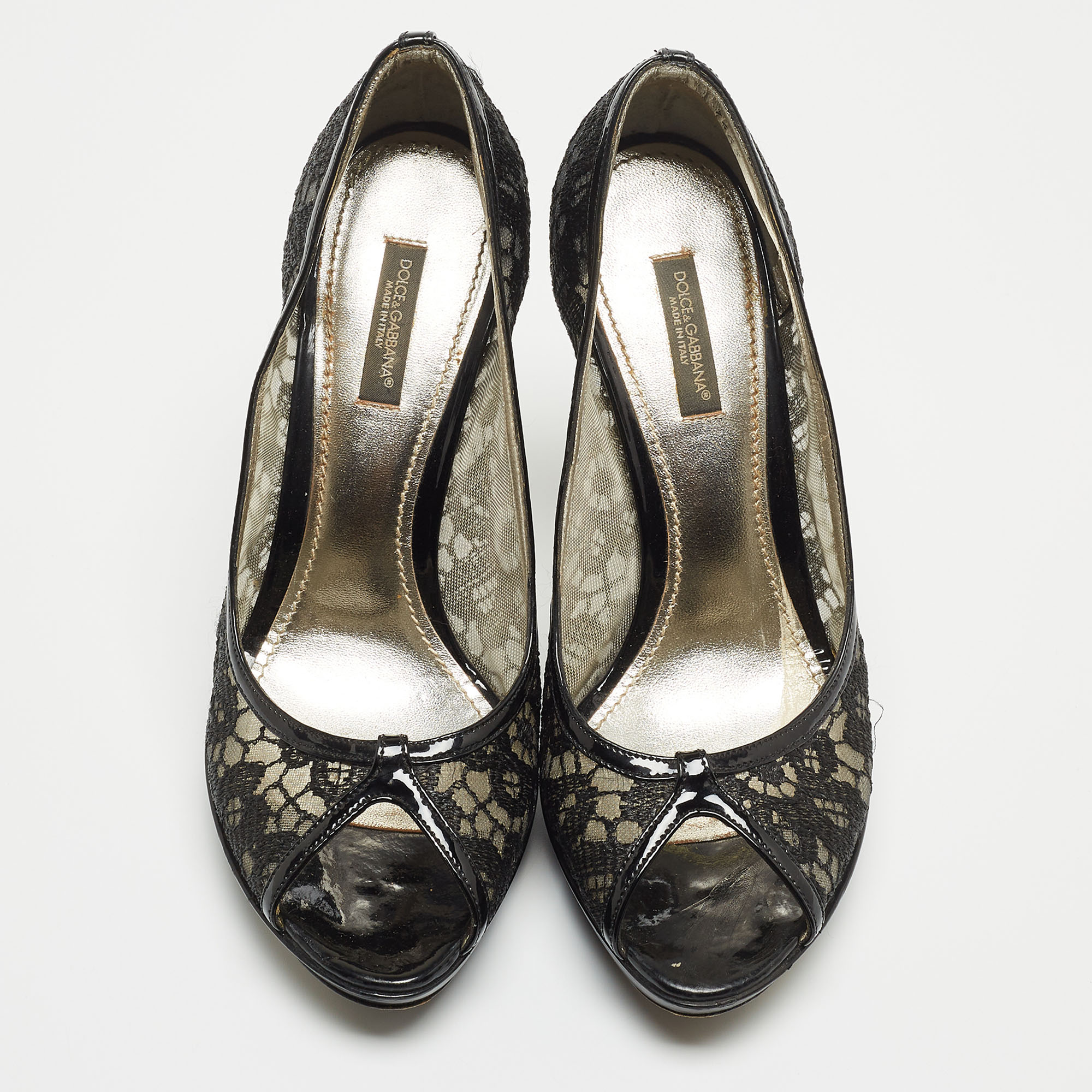 Dolce & Gabbana Black Lace And Patent Leather Open Toe Pumps Size 38.5
