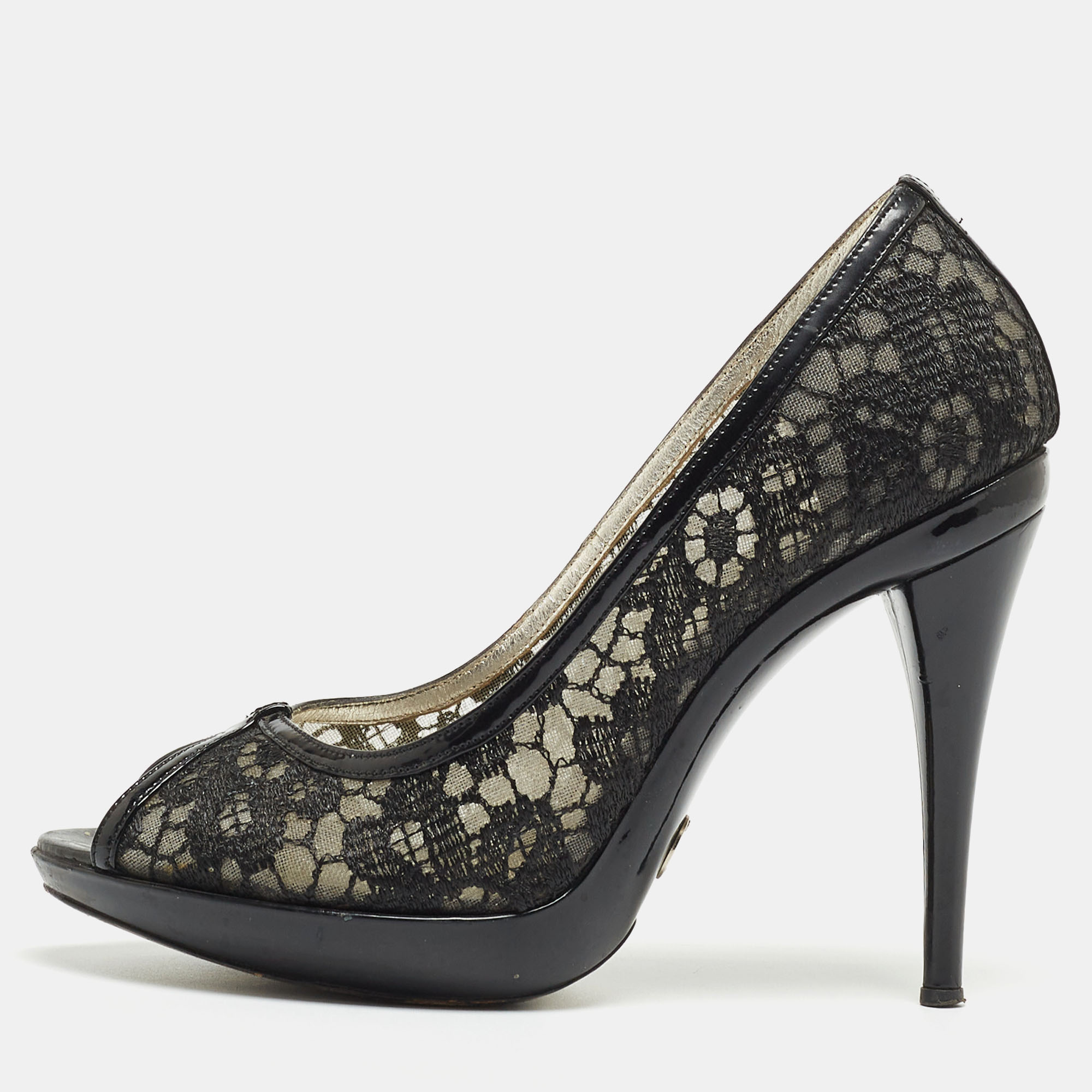 Dolce & Gabbana Black Lace And Patent Leather Open Toe Pumps Size 38.5