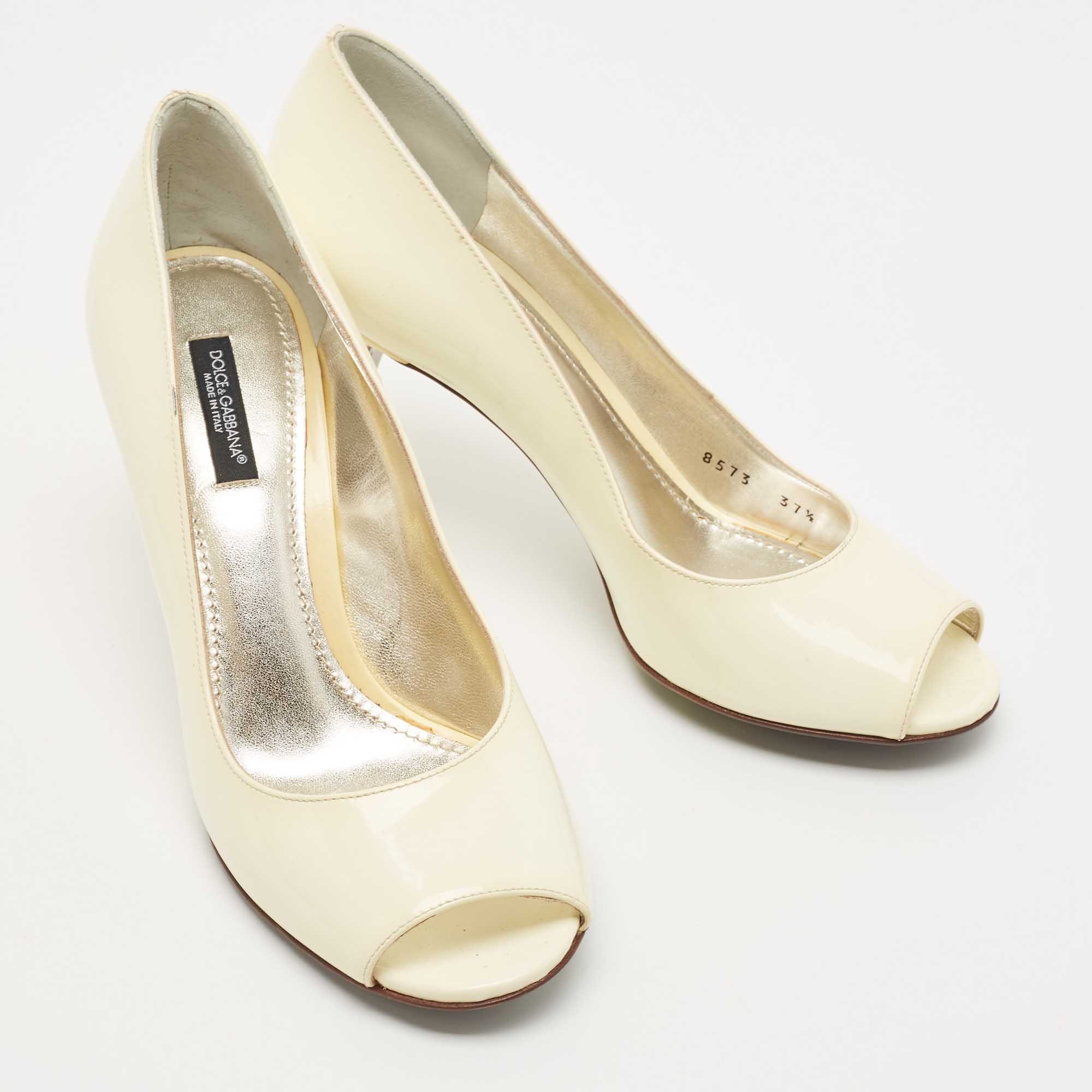 Dolce & Gabbana Off White Patent Leather Peep Toe Pumps Size 37.5
