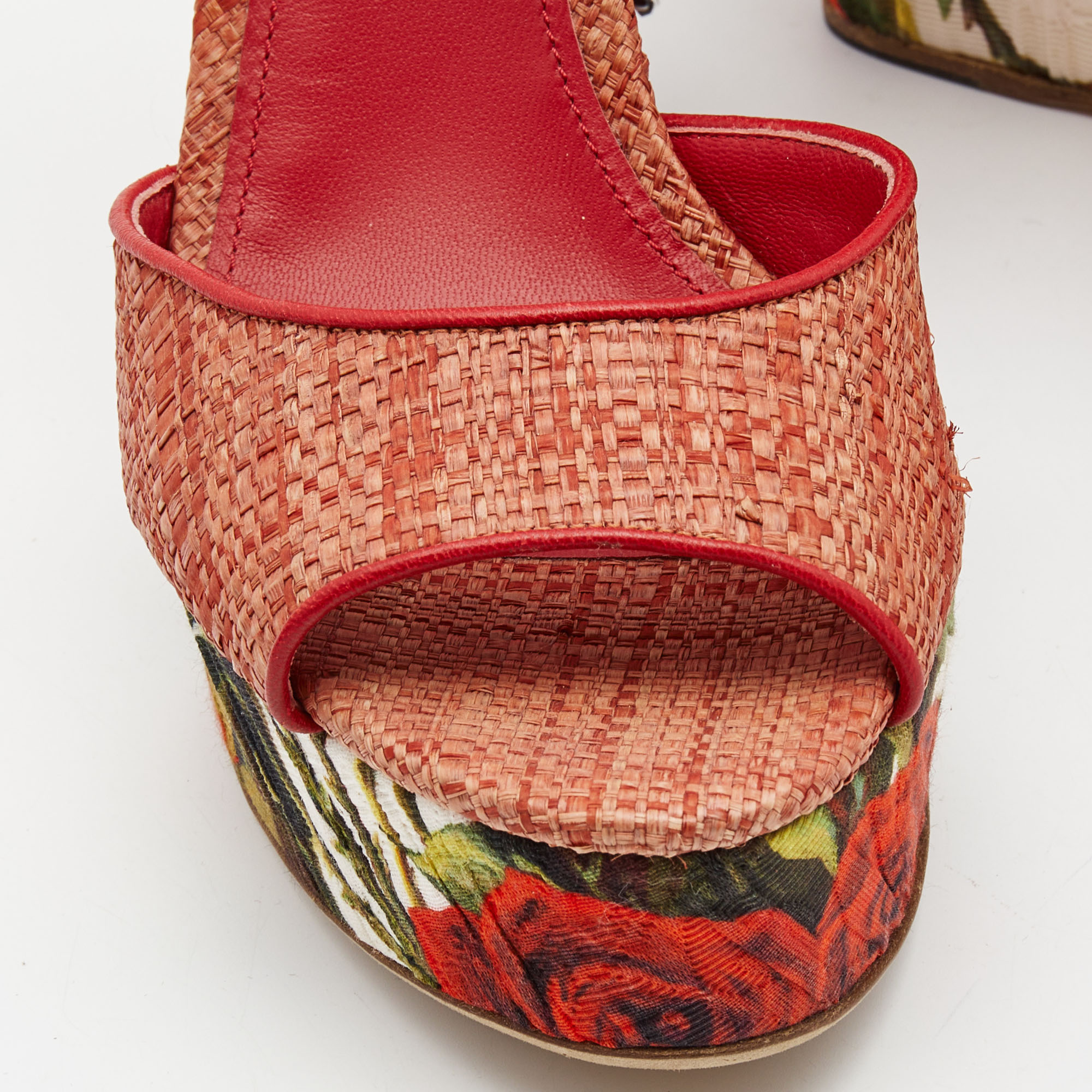 Dolce & Gabbana Pink Floral Raffia Wedge Platform Ankle Strap Sandals Size 40